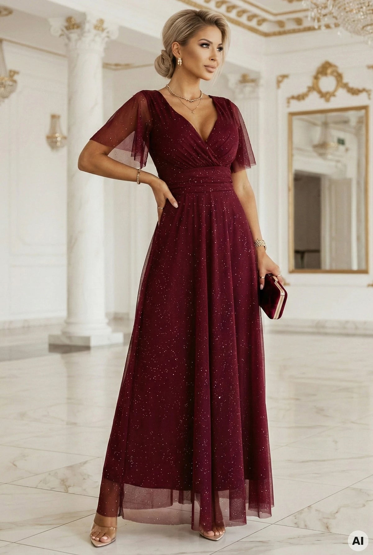 MELANIA long, shiny dress with a neckline and short sleeves – Burgundy
