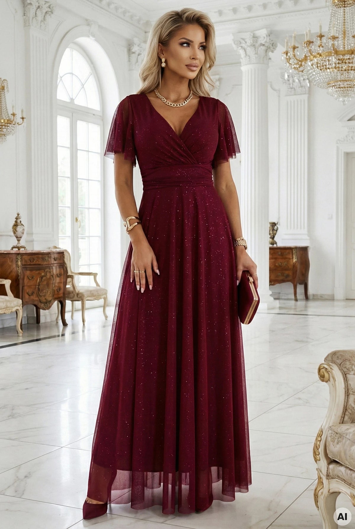 MELANIA long, shiny dress with a neckline and short sleeves – Burgundy