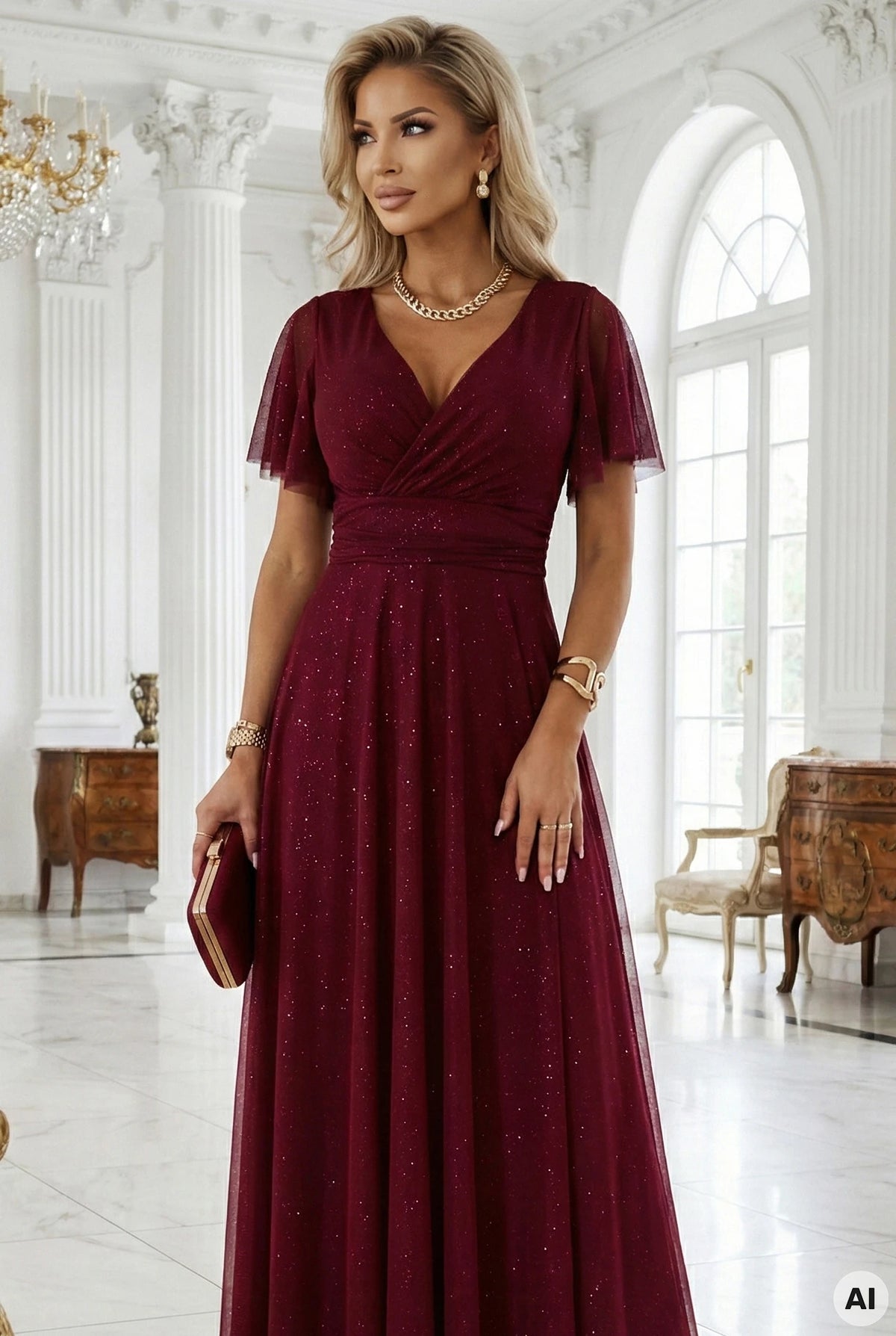 MELANIA long, shiny dress with a neckline and short sleeves – Burgundy