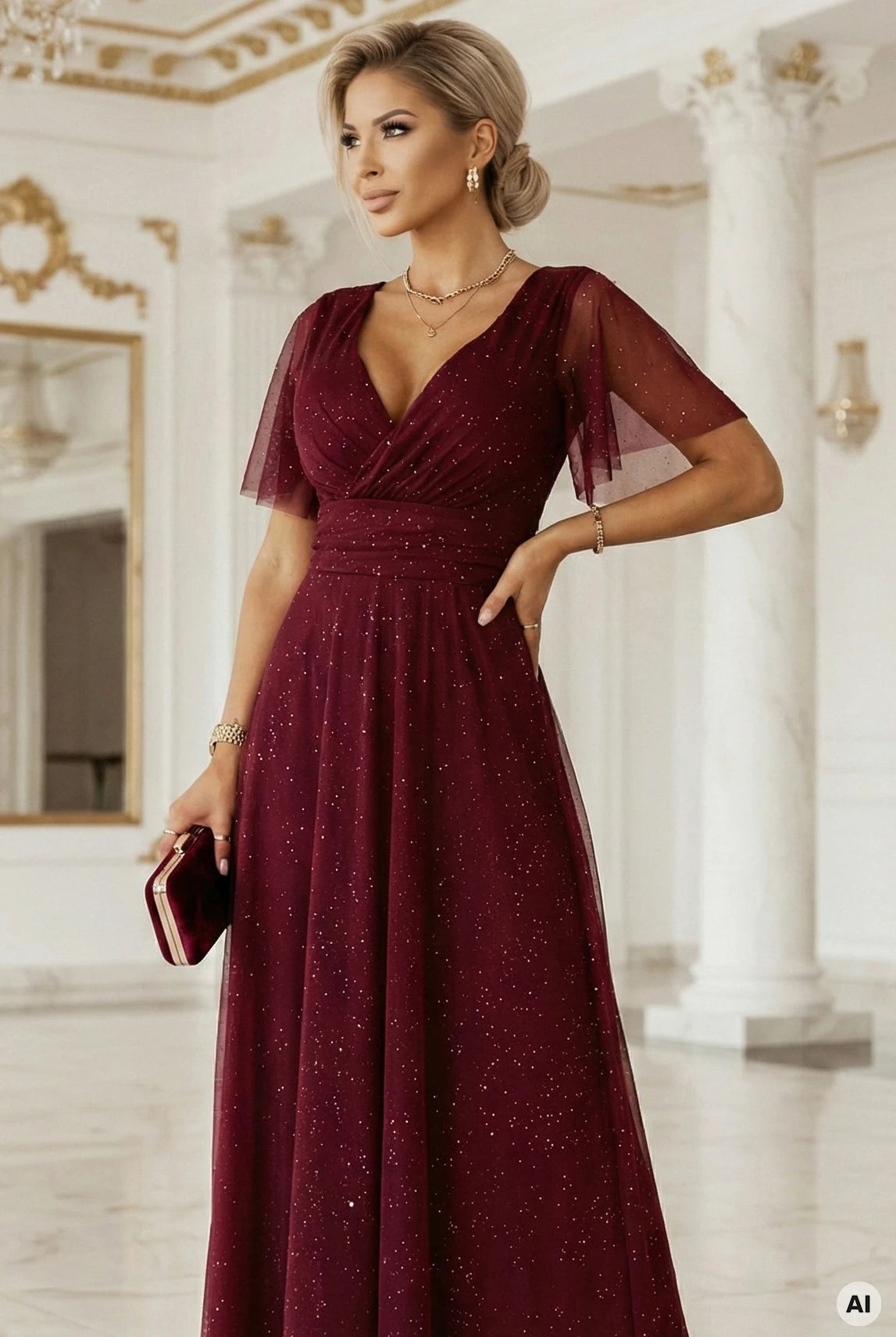 MELANIA long, shiny dress with a neckline and short sleeves – Burgundy
