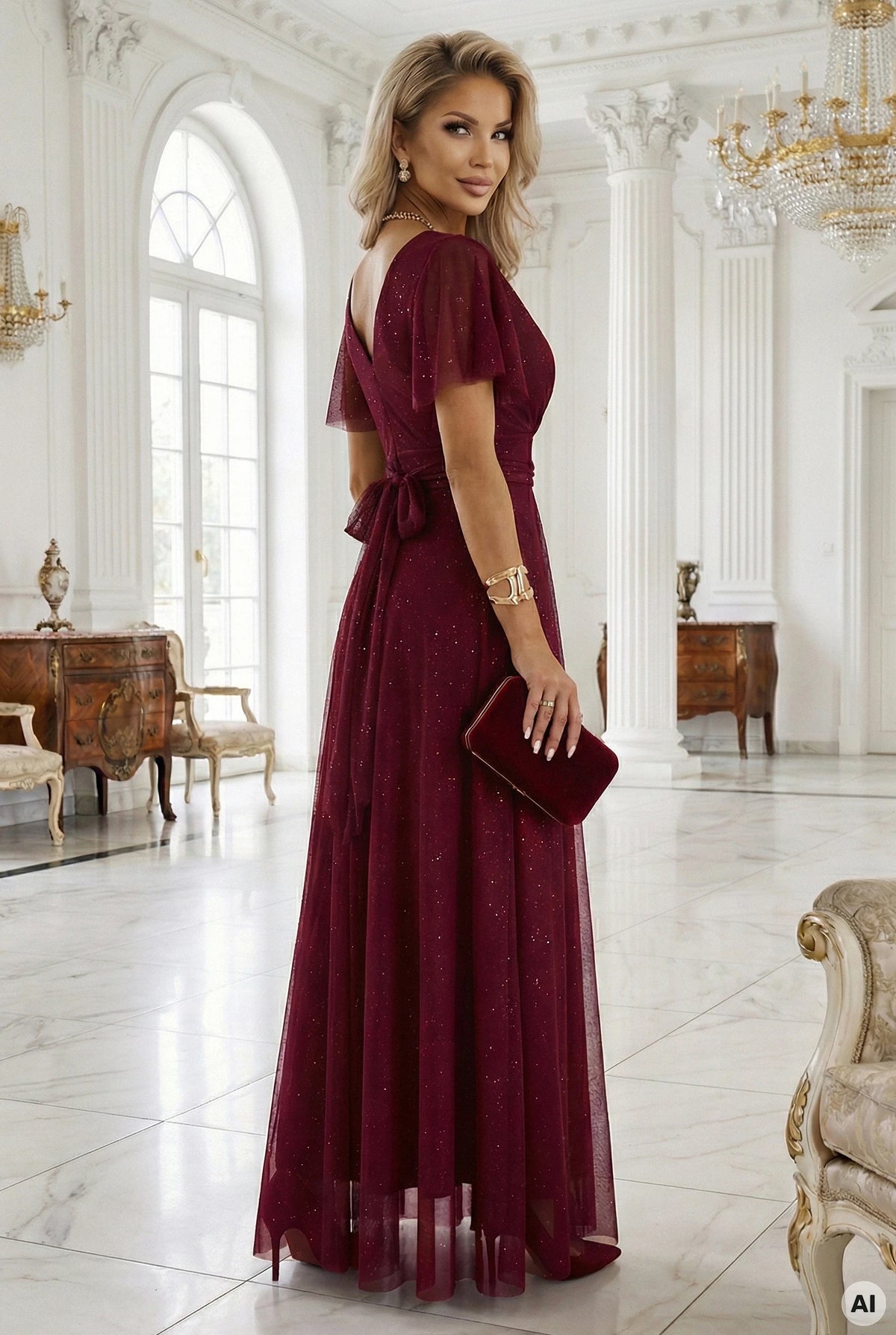 MELANIA long, shiny dress with a neckline and short sleeves – Burgundy