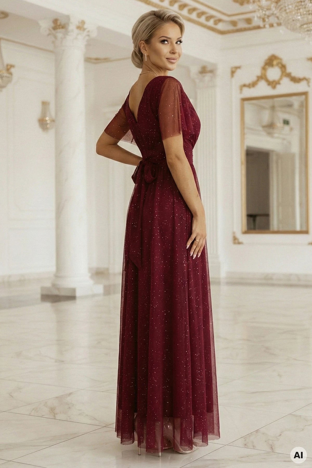 MELANIA long, shiny dress with a neckline and short sleeves – Burgundy