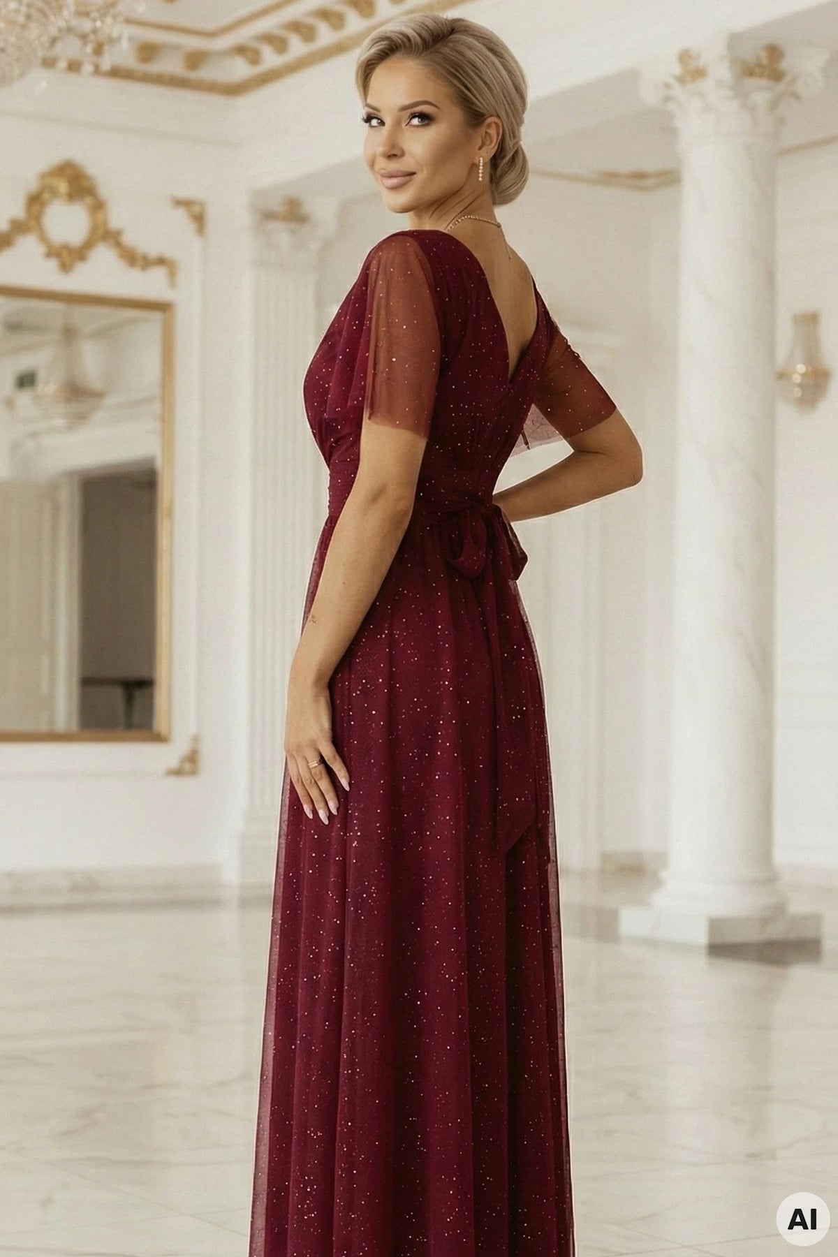 MELANIA long, shiny dress with a neckline and short sleeves – Burgundy