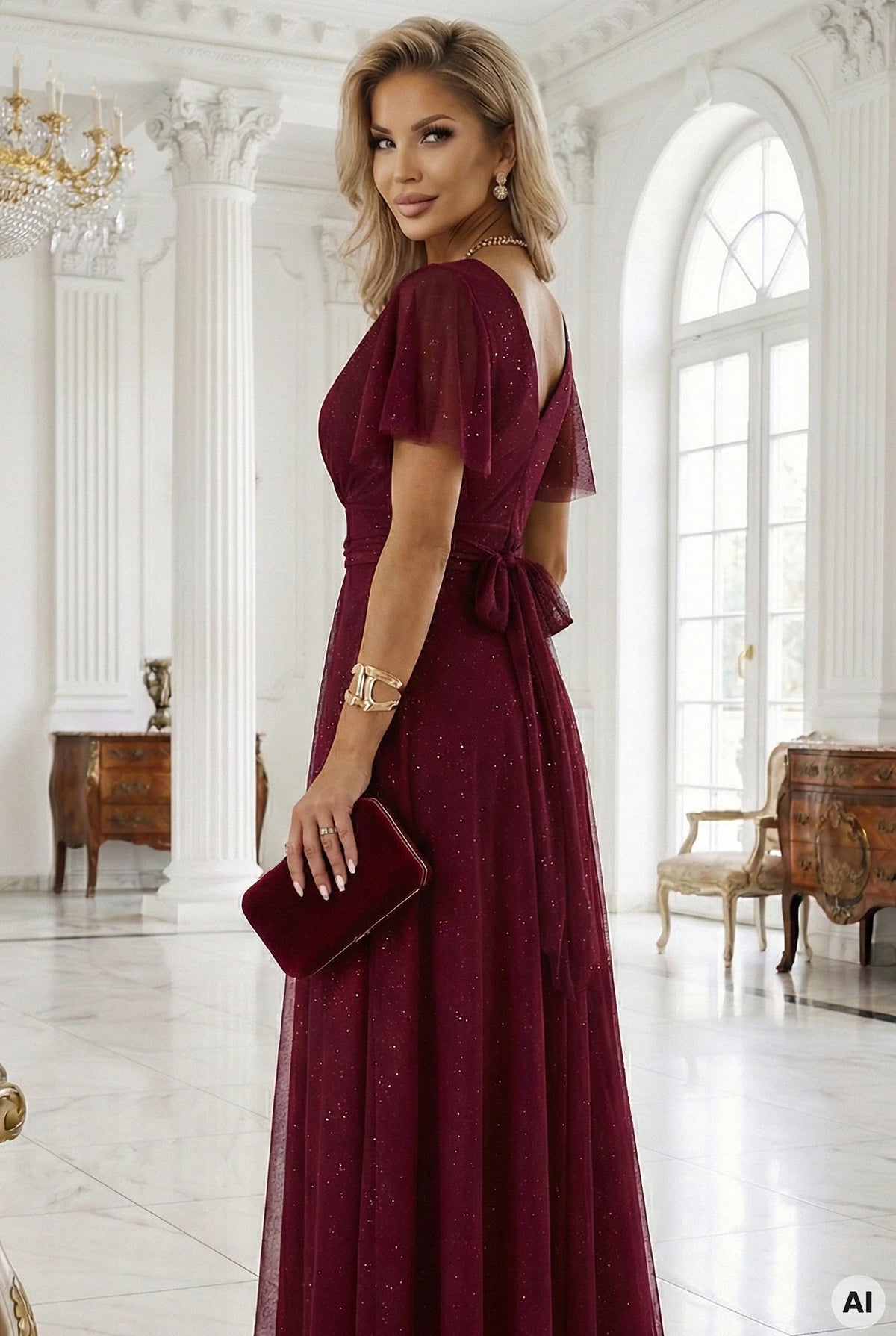 MELANIA long, shiny dress with a neckline and short sleeves – Burgundy