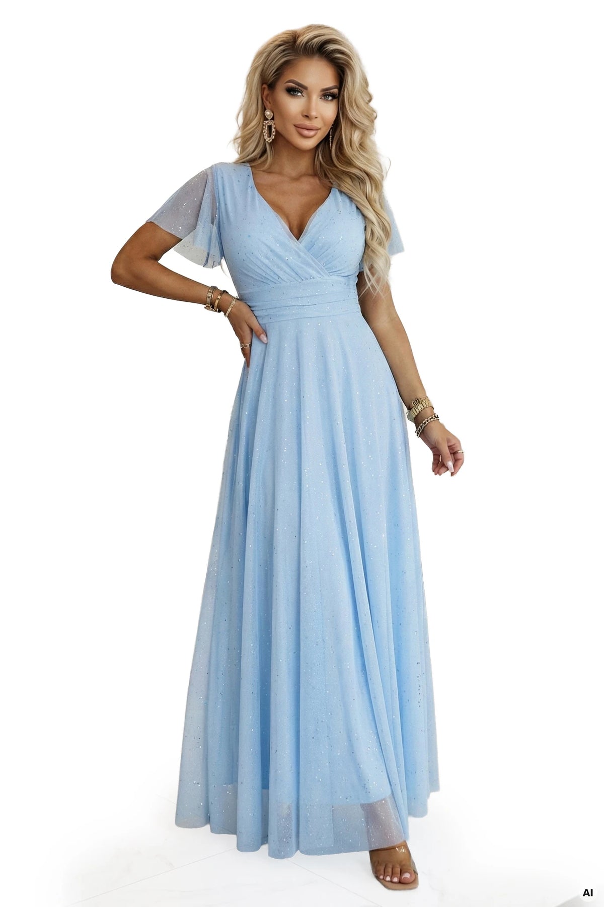 MELANIA Long Shimmering Dress with Neckline and Short Sleeve – Sky Blue