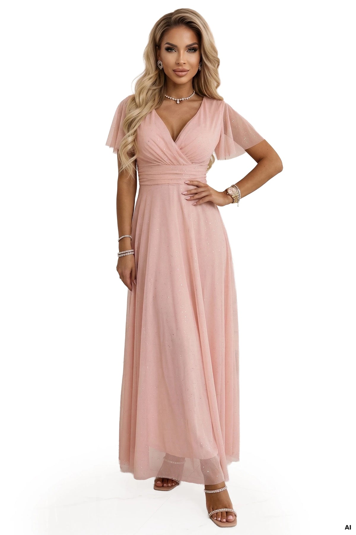 MELANIA Long Shimmering Dress with Neckline and Short Sleeve – Peach