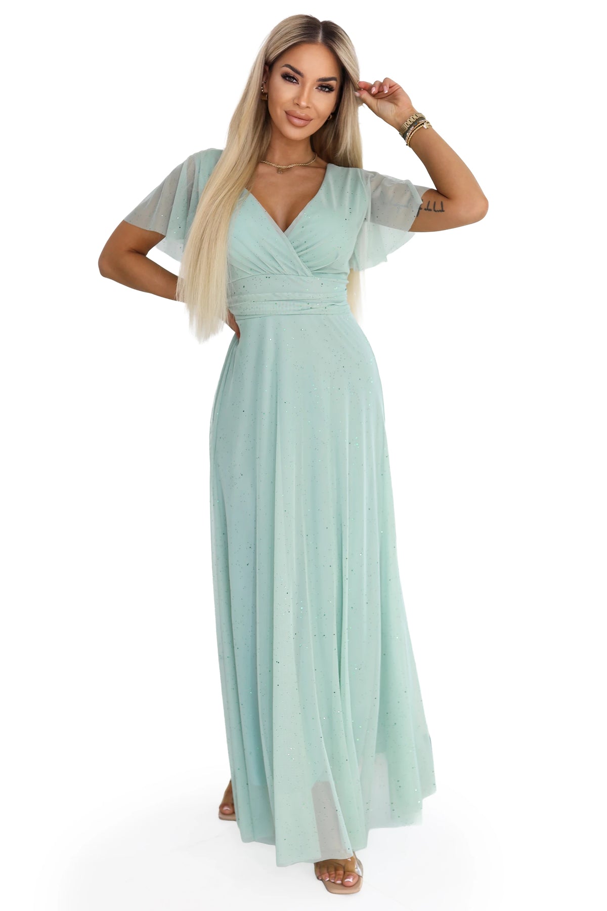 MELANIA Long Shimmering Dress with Neckline and Short Sleeve – Pistachio