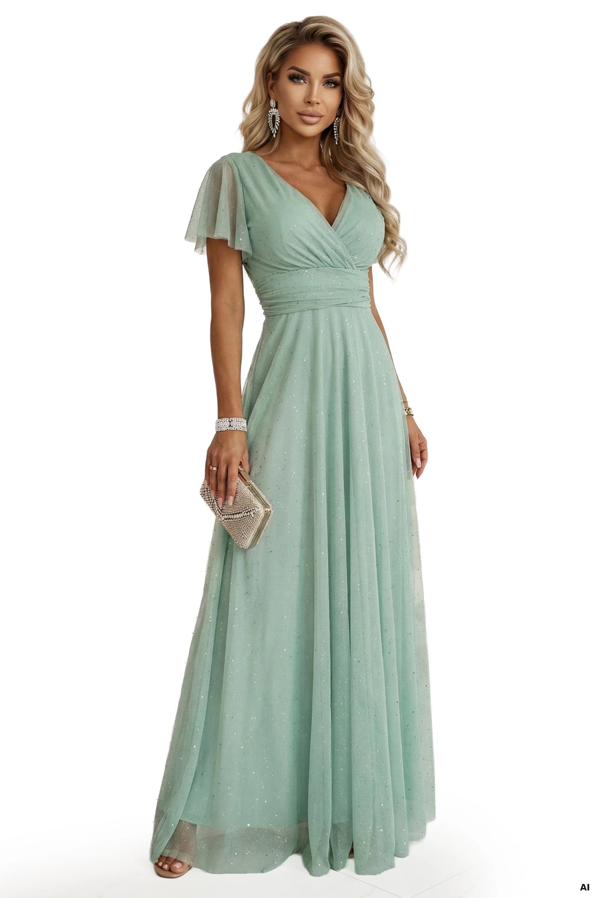 MELANIA Long Shimmering Dress with Neckline and Short Sleeve – Pistachio