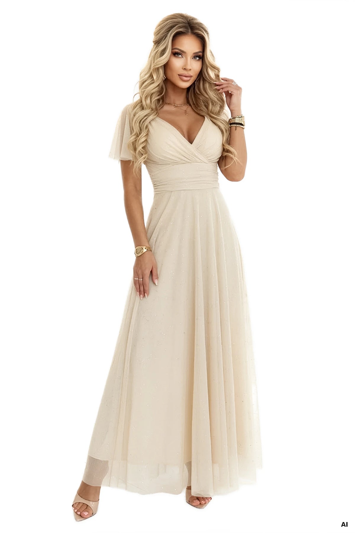 MELANIA Long Shimmering Wedding Dress with Neckline and Short Sleeve – Beige