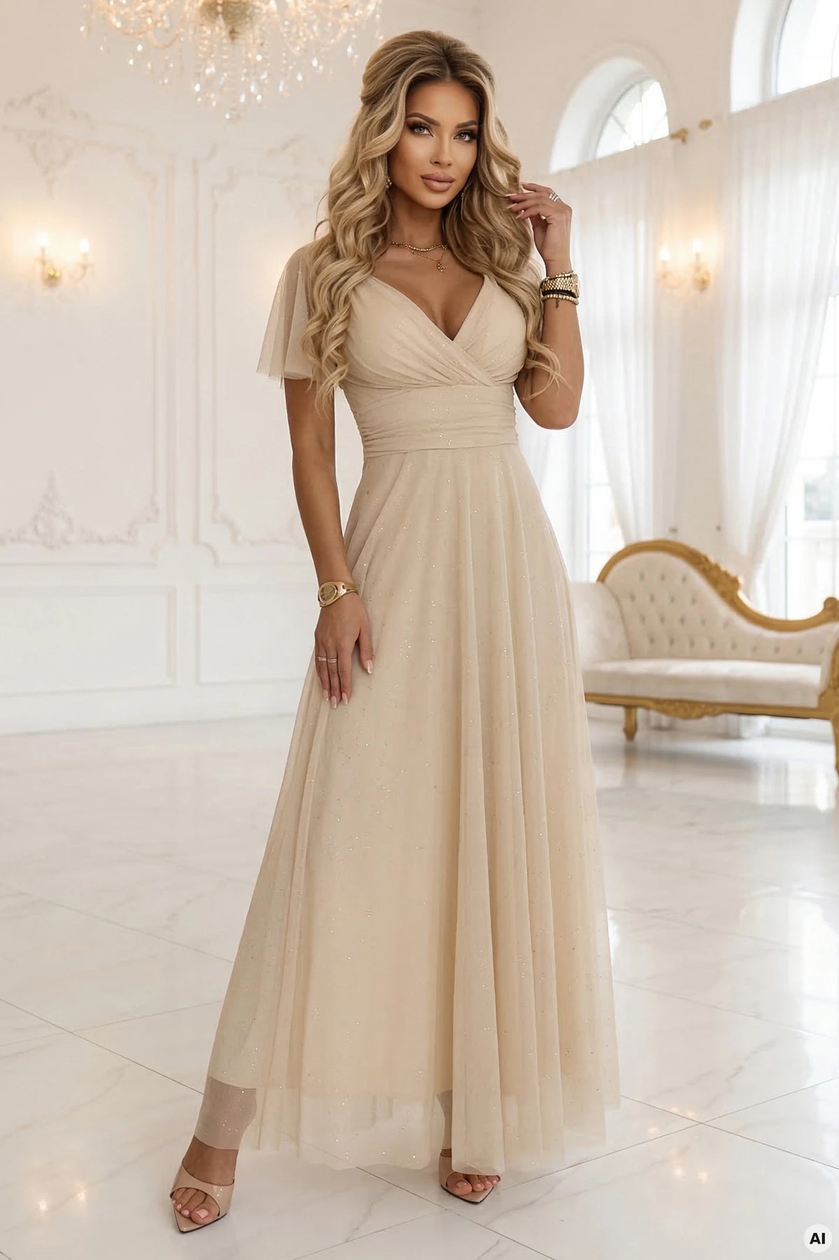 MELANIA Long Shimmering Wedding Dress with Neckline and Short Sleeve – Beige