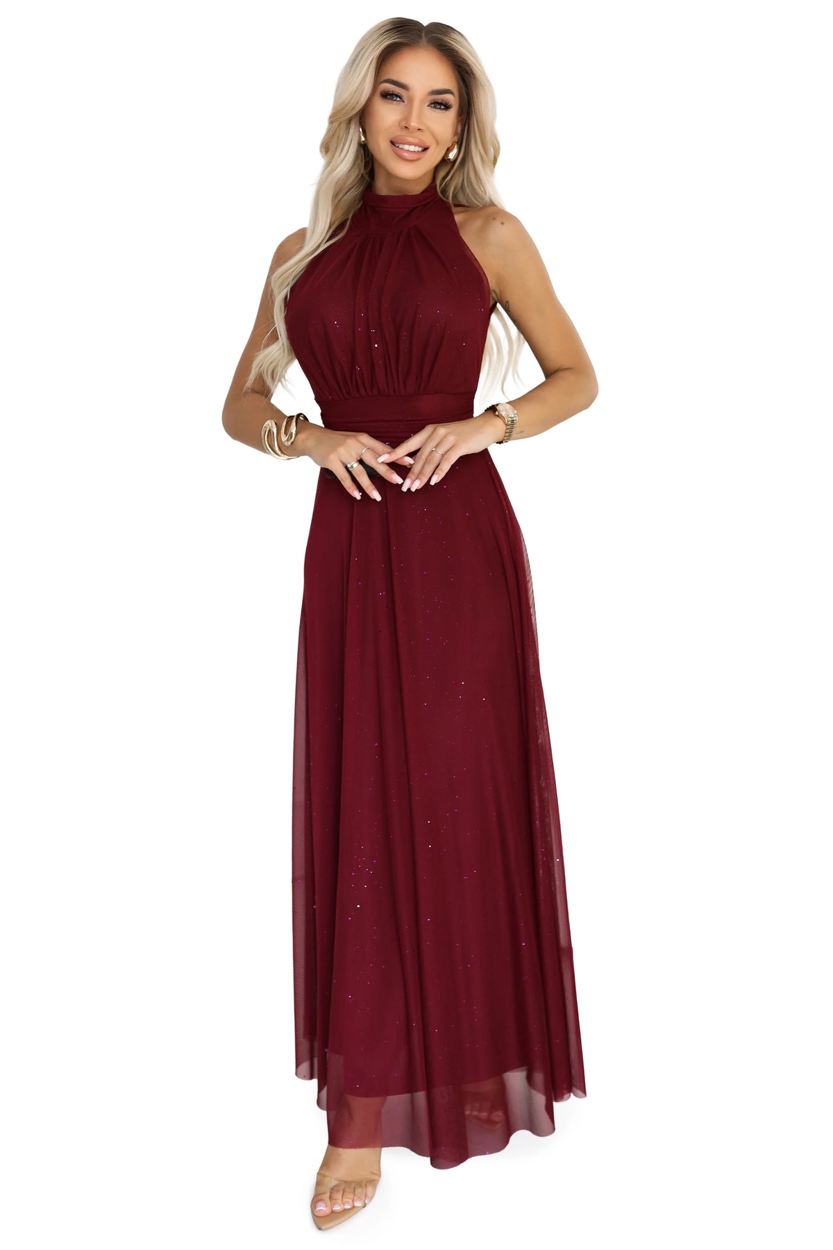 VERONICA luxurious long dress with a brocade accent and a chic shape – Burgundy