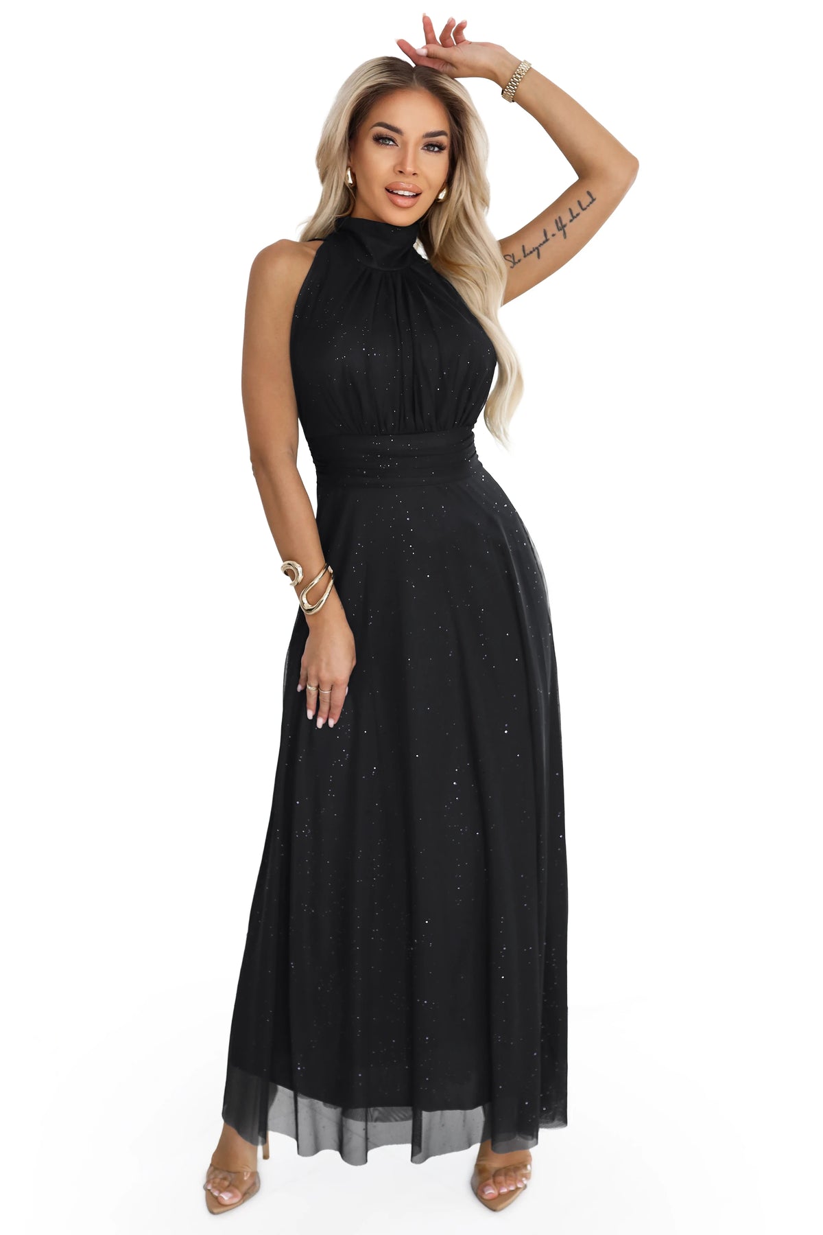 VERONICA luxurious long dress with a brocade accent and a chic cut – Black