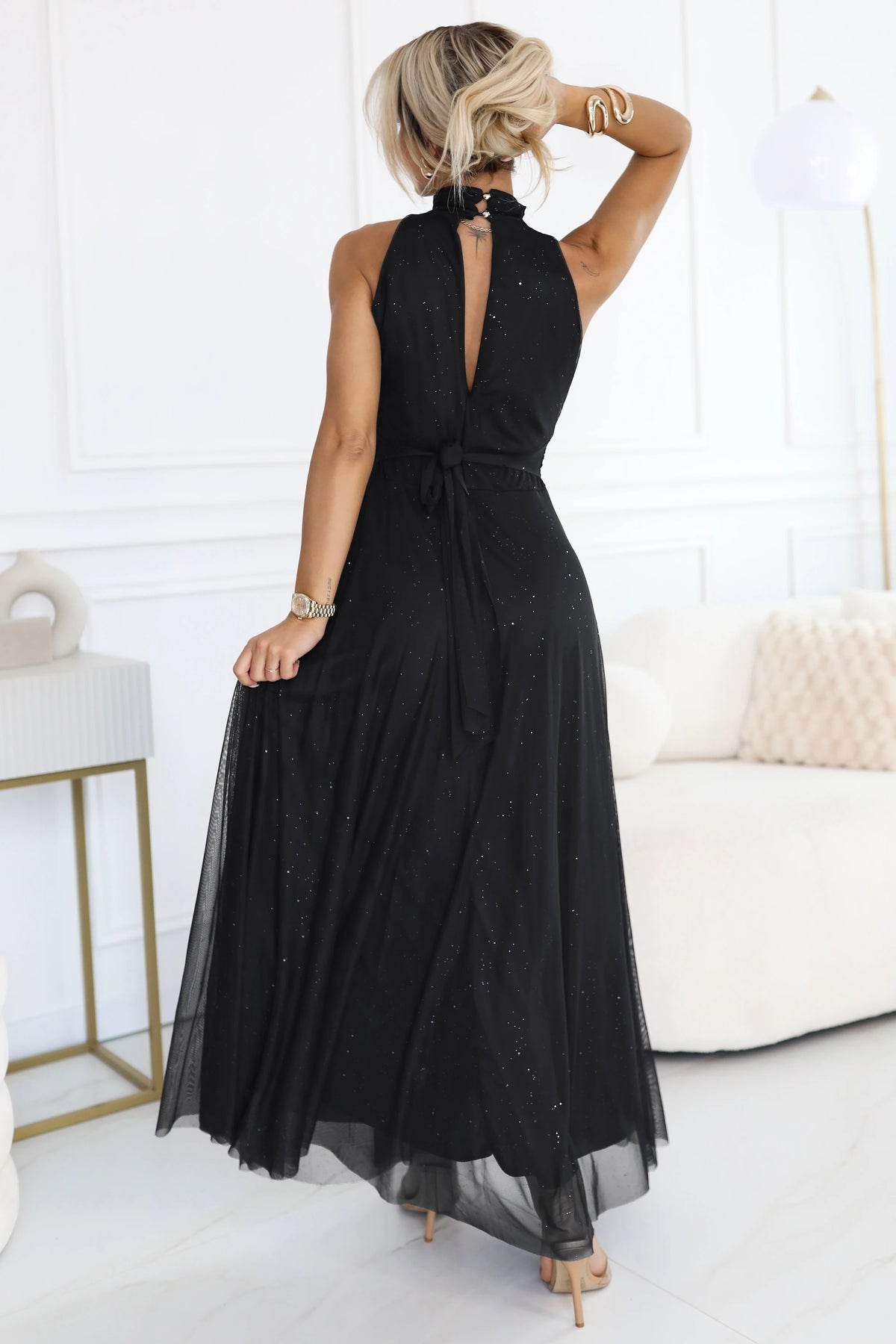 VERONICA luxurious long dress with a brocade accent and a chic cut – Black