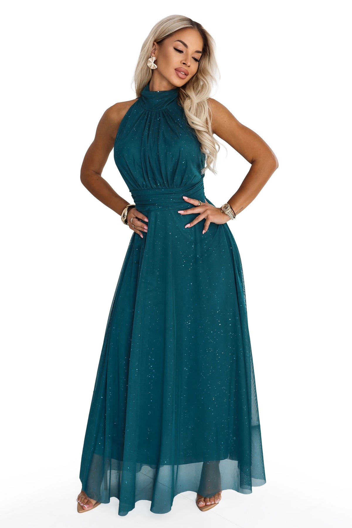 VERONICA Luxurious long gown with a glitter accent and a chic cut – Green
