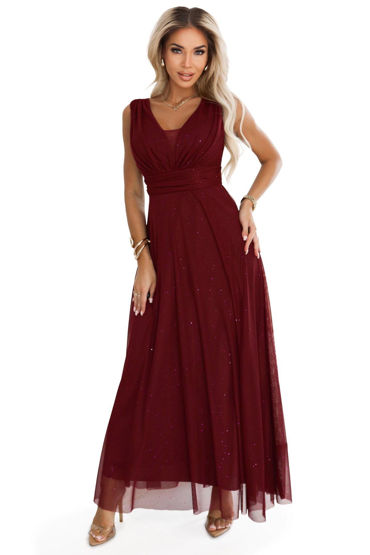 Long evening dress with a brocade accent and a deep neckline – Burgundy