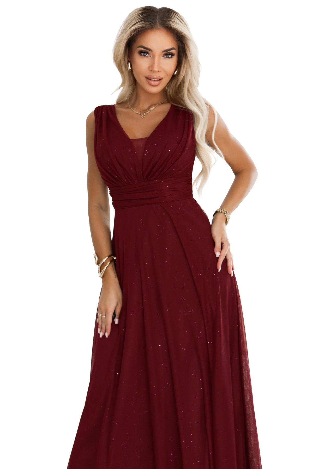 Long evening dress with a brocade accent and a deep neckline – Burgundy