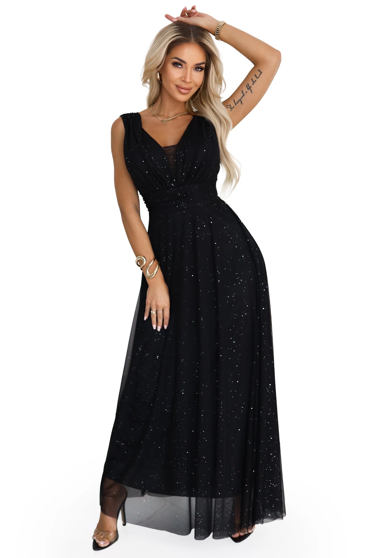 Long evening dress with a glitter accent and a deep neckline – Black