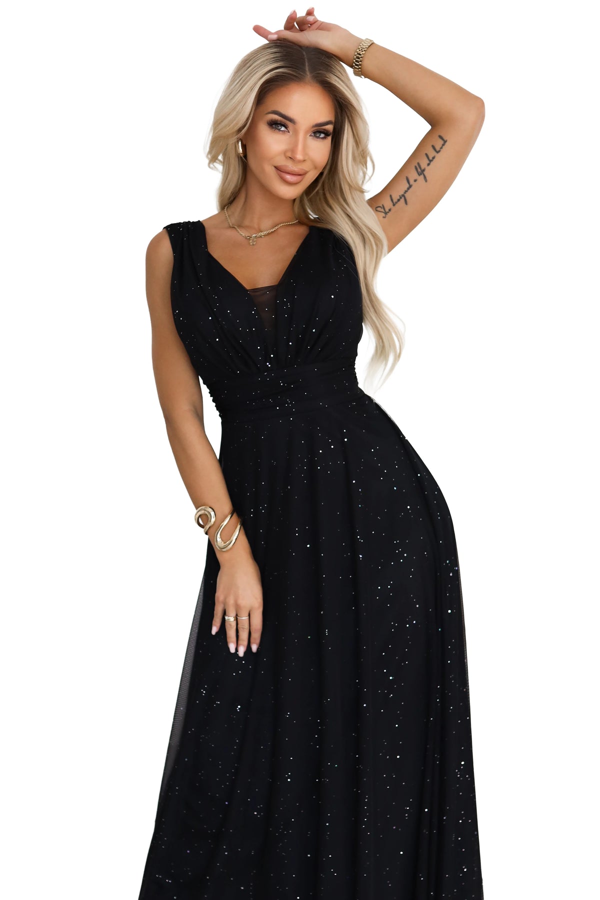 Long evening dress with a glitter accent and a deep neckline – Black
