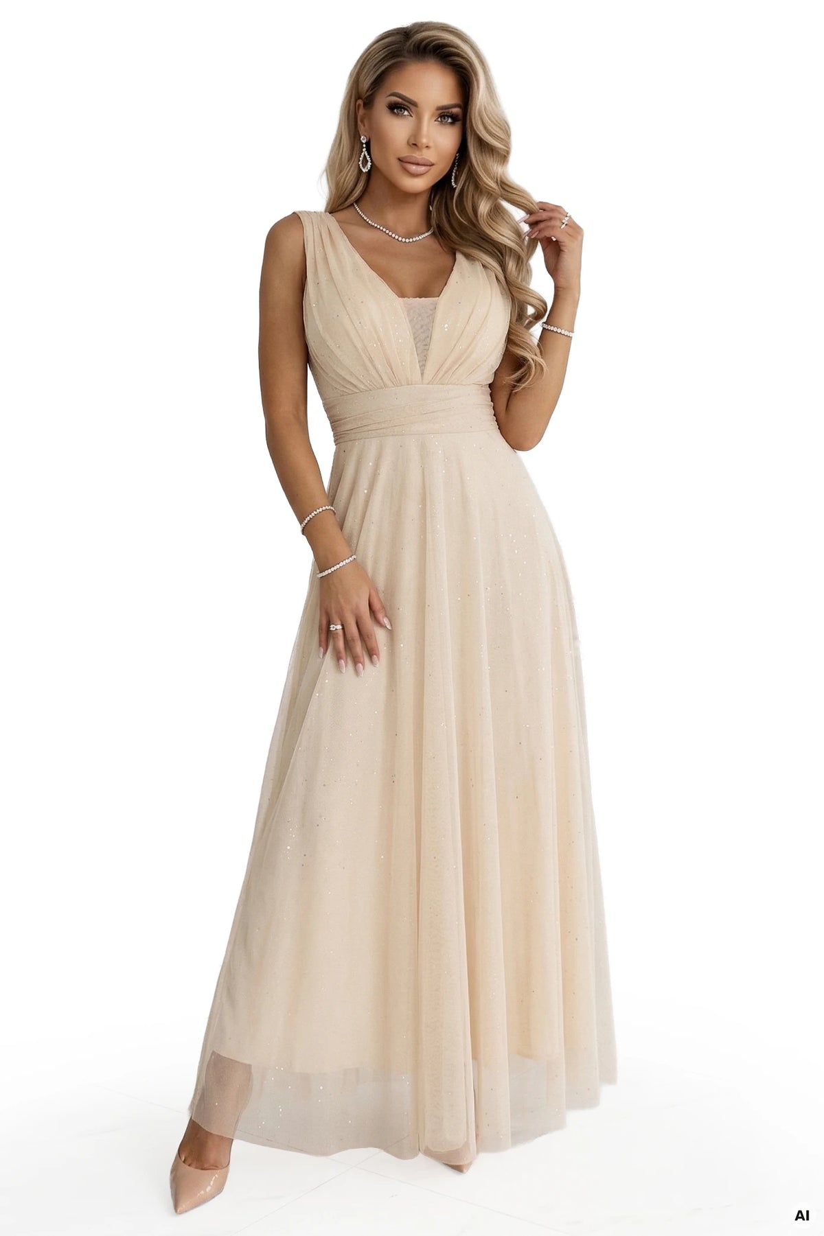 Long Maxi Dress with Glitter Shimmer and Deep Neckline – Champagne Beige