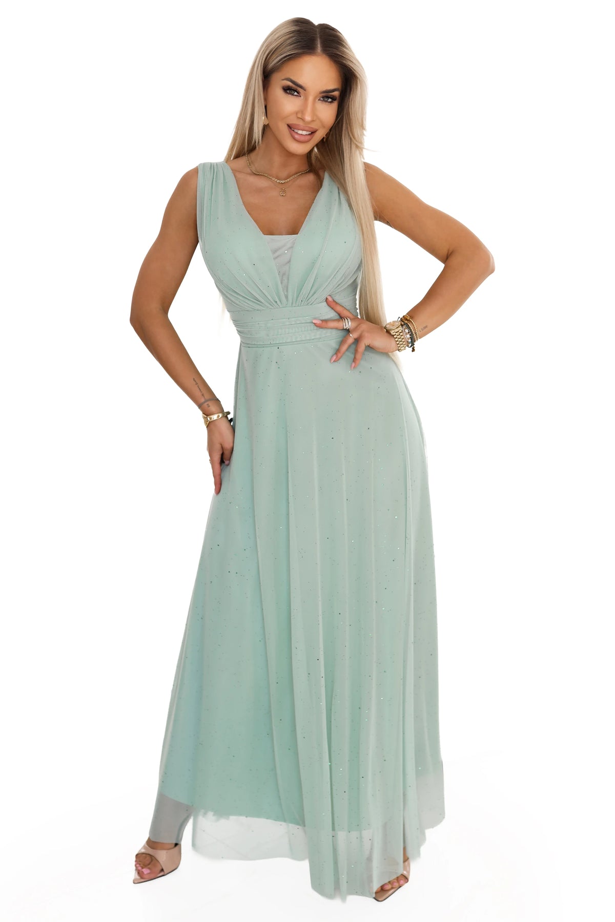 Long Maxi Dress with Glitter Accent and Deep Neckline – Pistachio