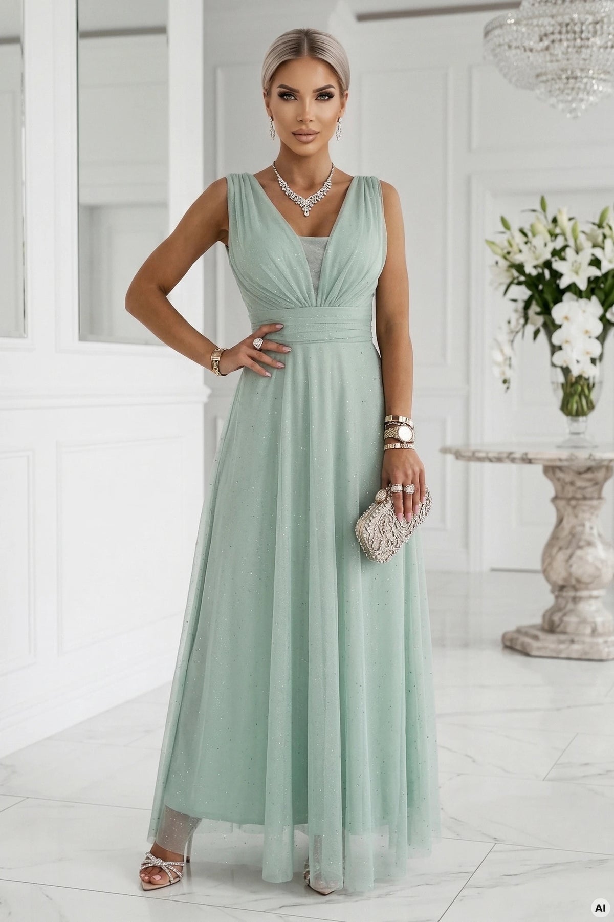 Long Maxi Dress with Glitter Accent and Deep Neckline – Pistachio