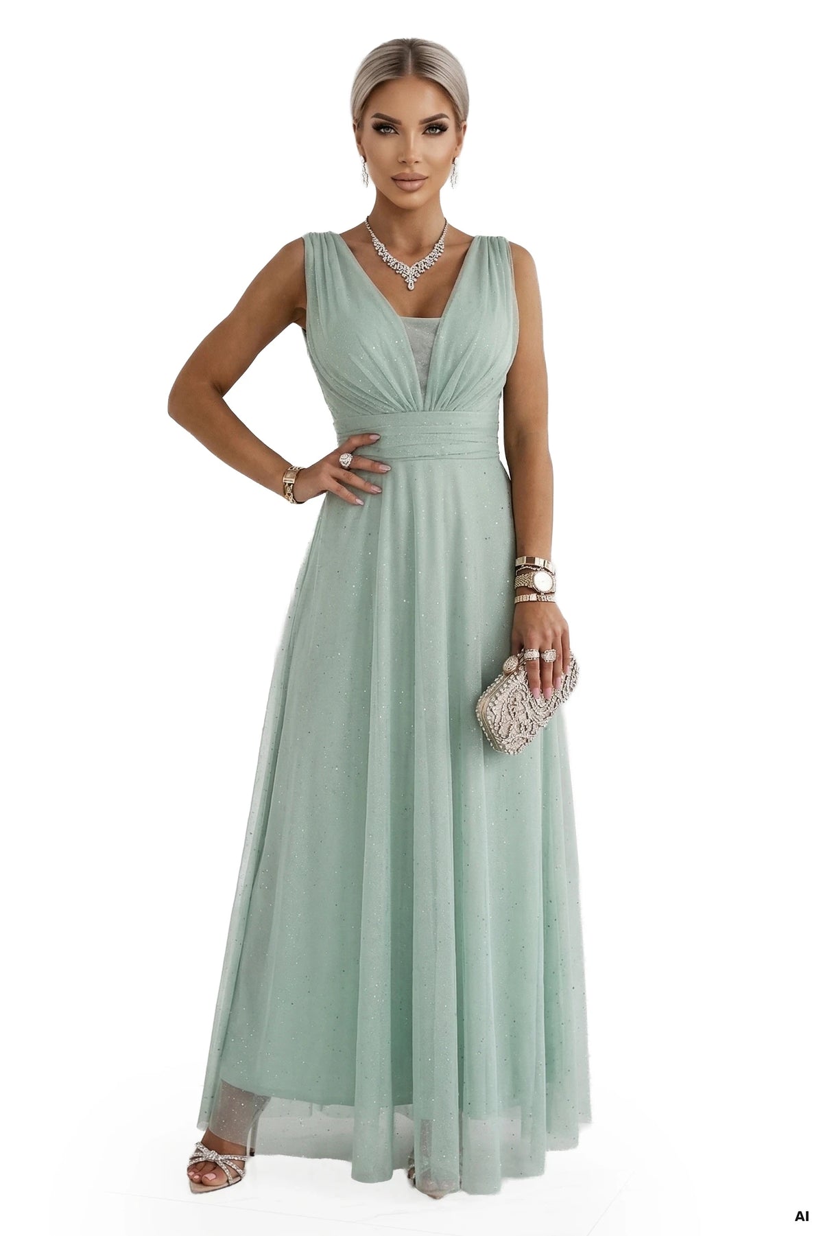 Long Maxi Dress with Glitter Accent and Deep Neckline – Pistachio