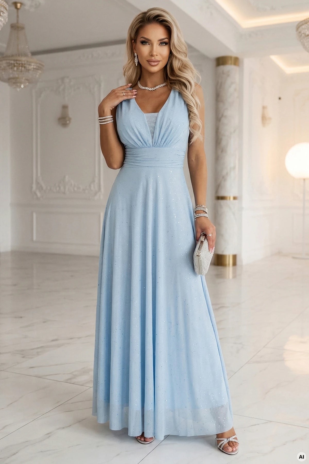 Long Evening Dress with Glitter Accent and Deep Neckline – Sky Blue