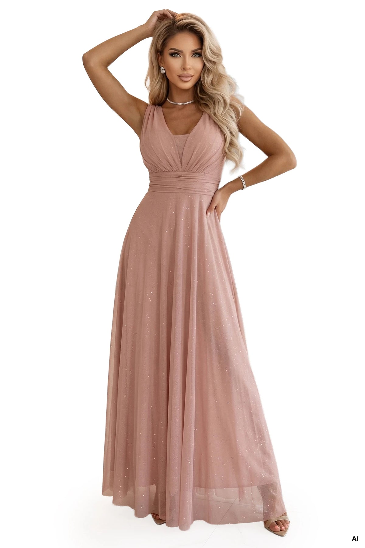 Long Maxi Dress with Glitter Accent and Deep Neckline – Powder Pink