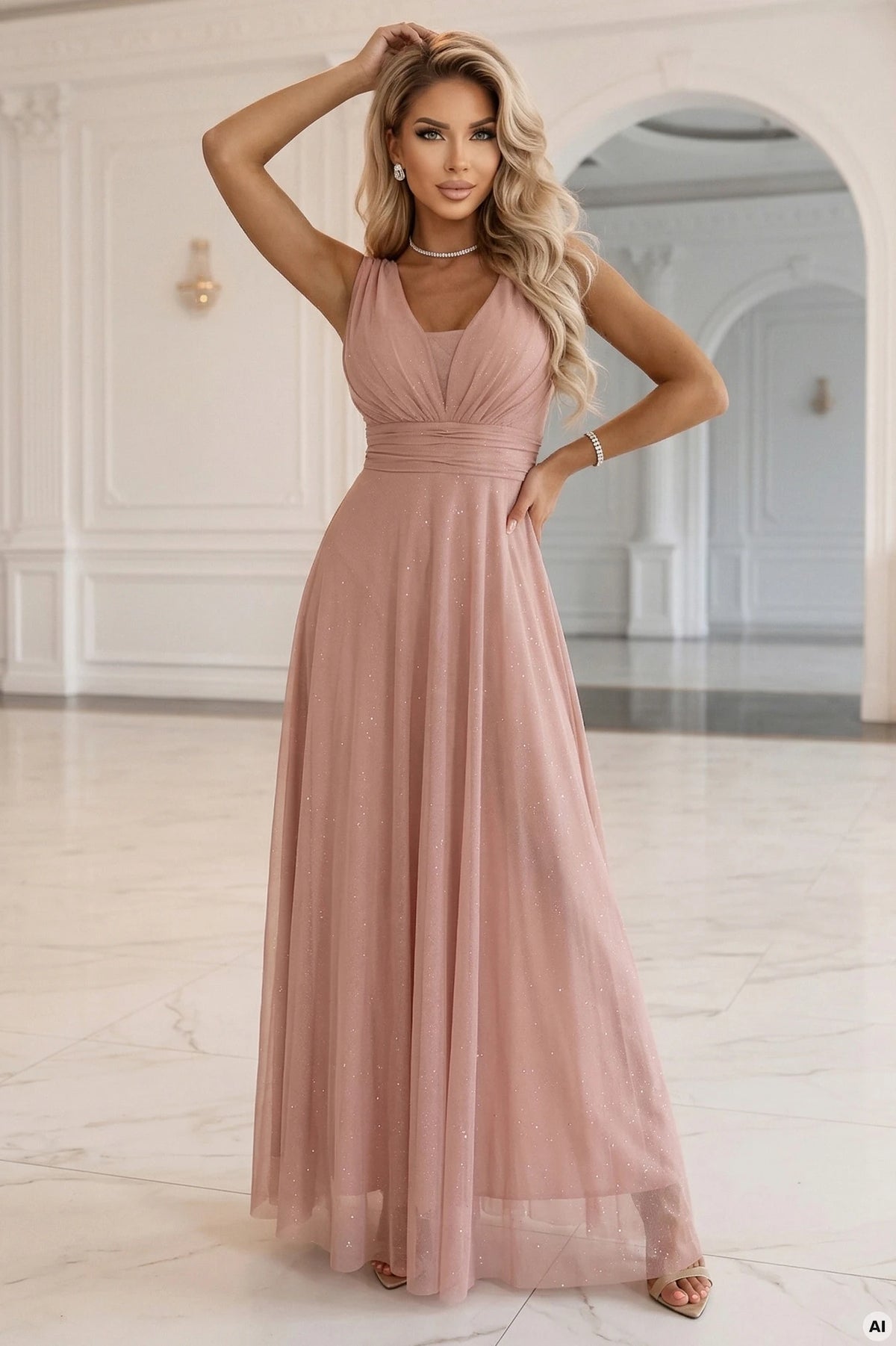 Long Maxi Dress with Glitter Accent and Deep Neckline – Powder Pink
