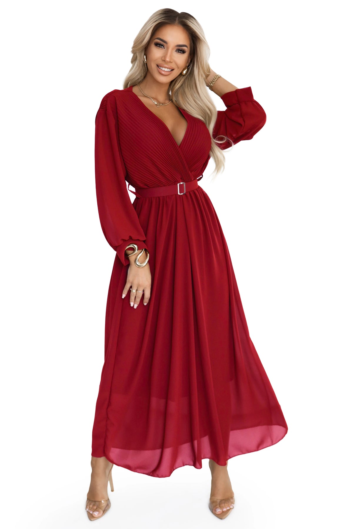 Elegant pleated maxi dress with a belt and a wrap neckline – Burgundy