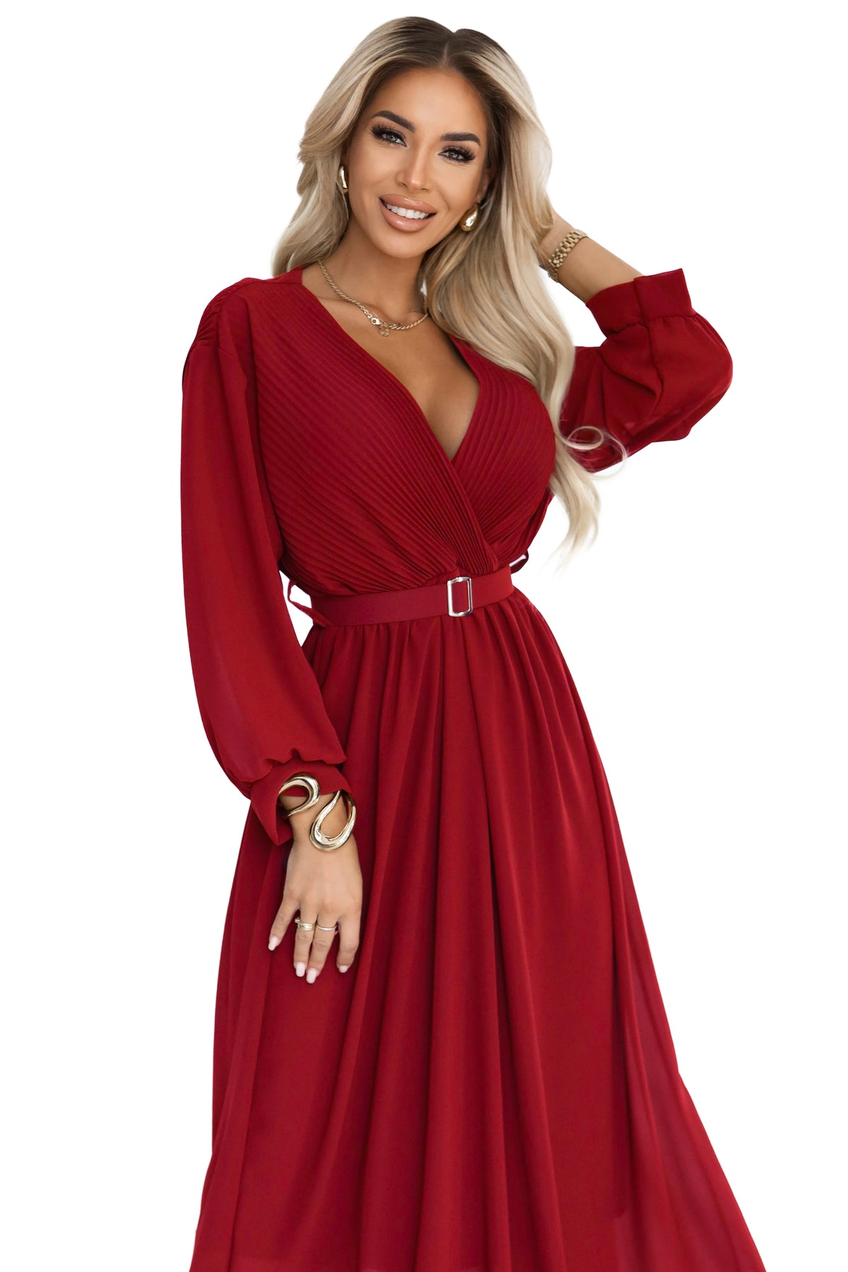 Elegant pleated maxi dress with a belt and a wrap neckline – Burgundy