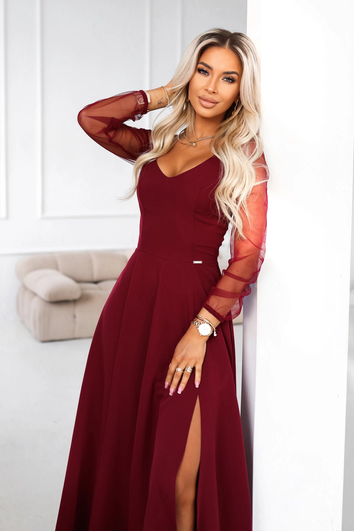 LORETTA unique long dress with tulle sleeves and neckline – Burgundy