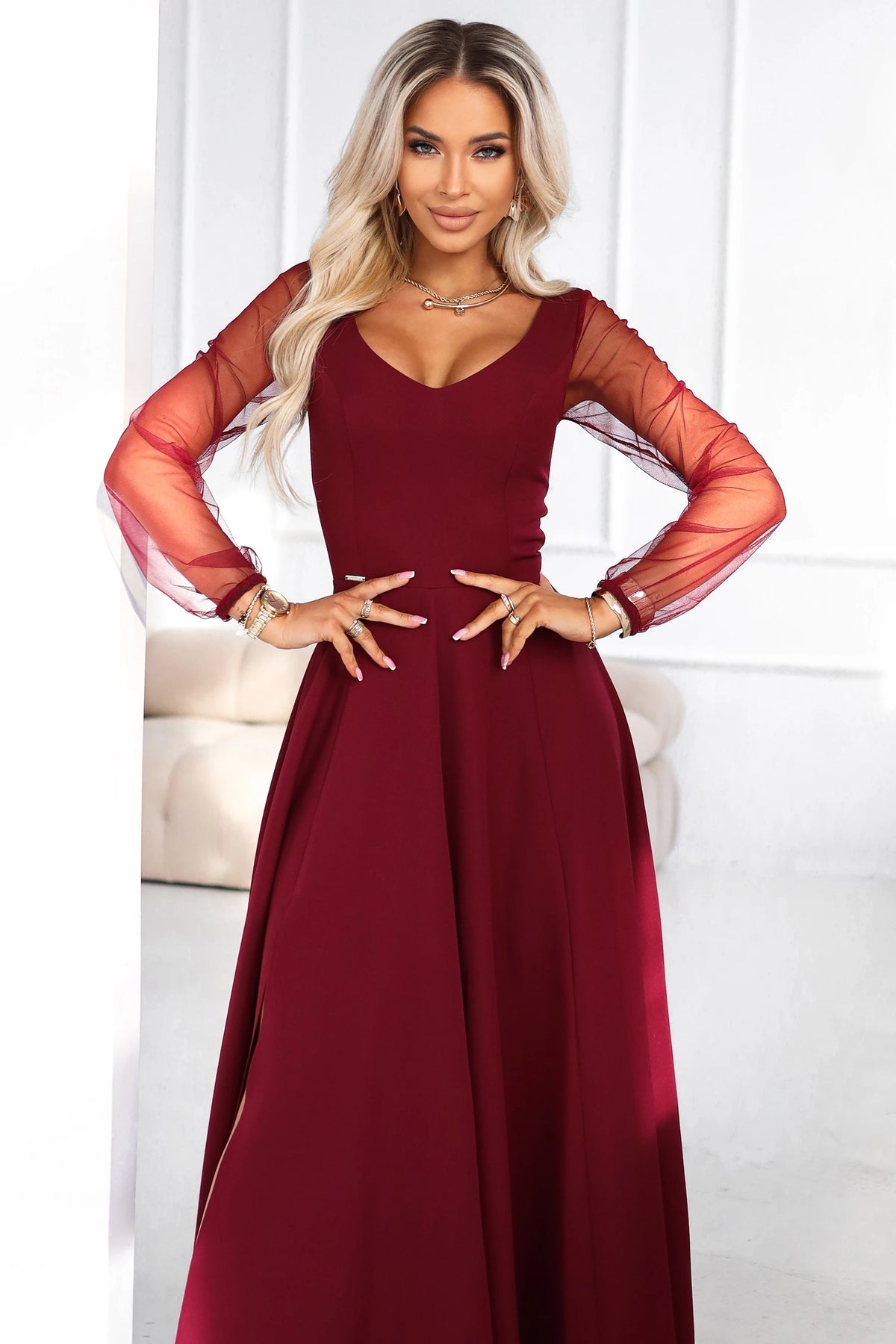 LORETTA unique long dress with tulle sleeves and neckline – Burgundy