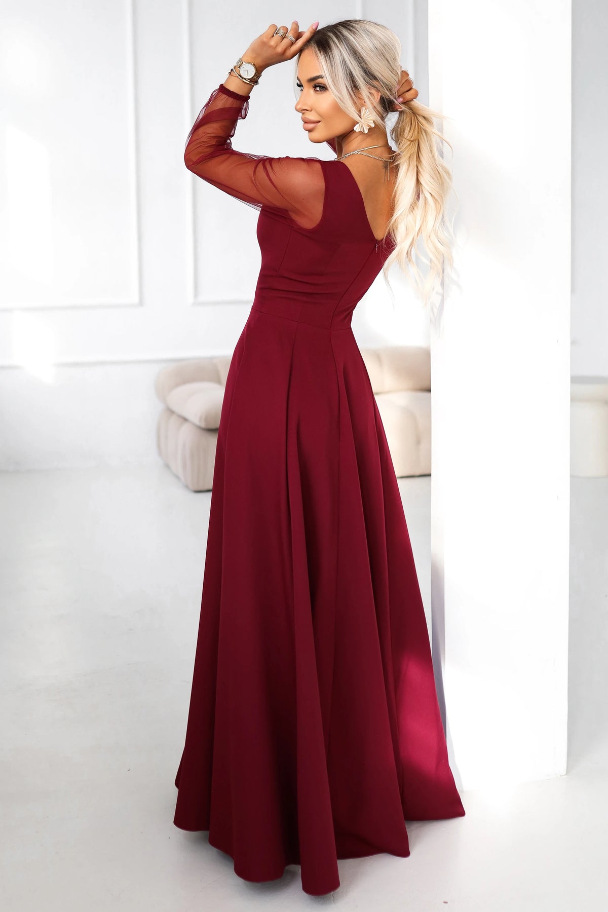 LORETTA unique long dress with tulle sleeves and neckline – Burgundy