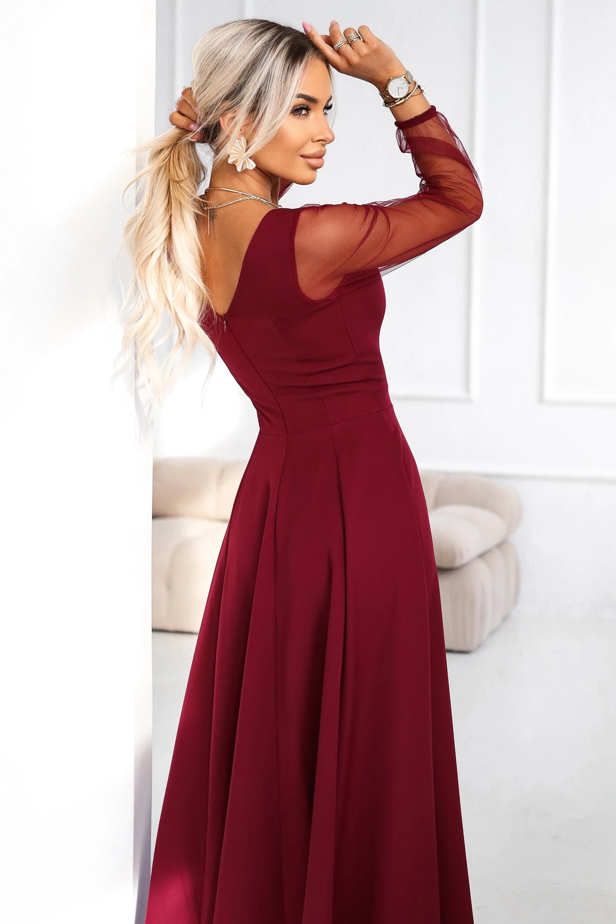 LORETTA unique long dress with tulle sleeves and neckline – Burgundy