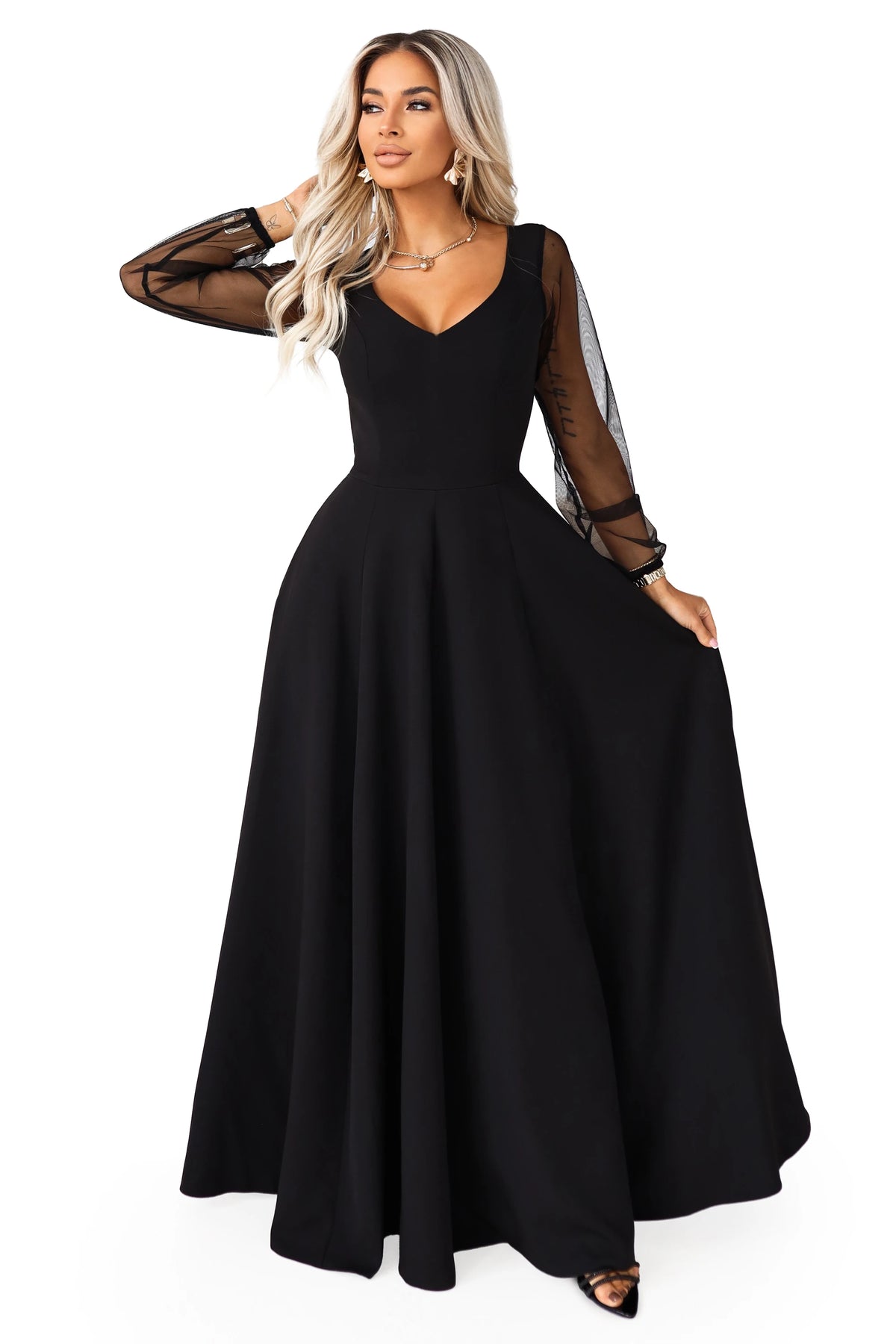 LORETTA unique long dress with tulle sleeves and neckline – Black