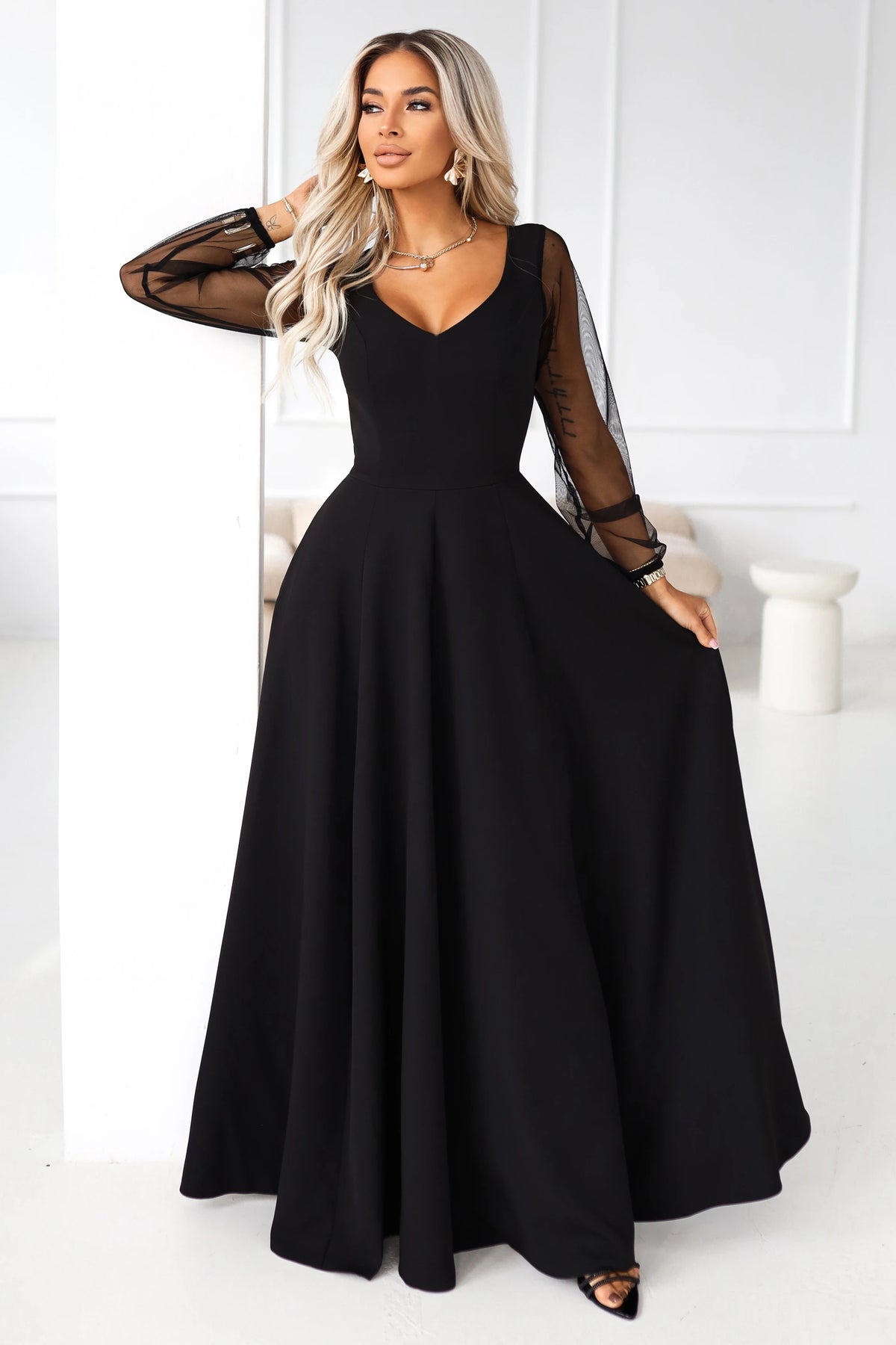 LORETTA unique long dress with tulle sleeves and neckline – Black