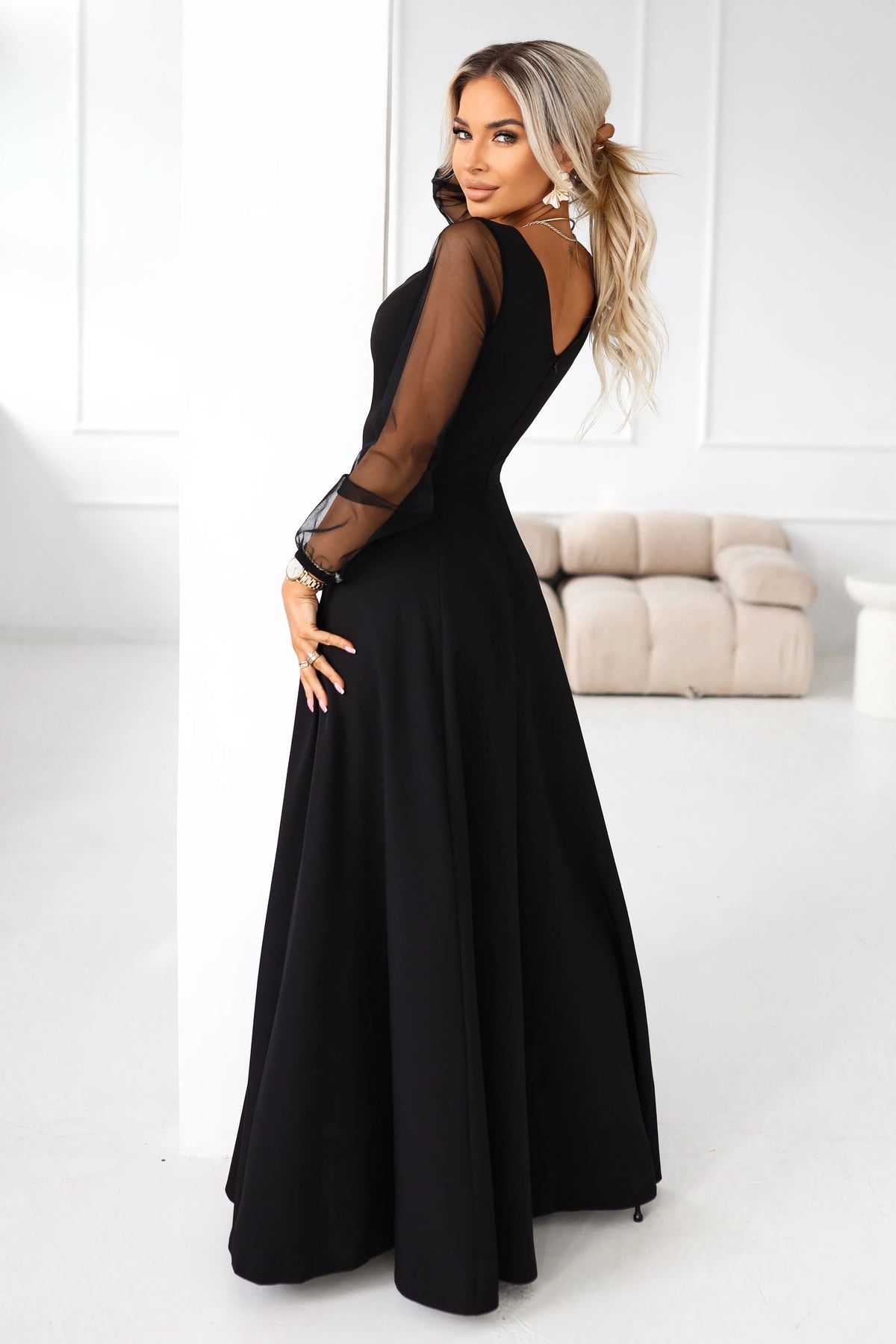 LORETTA unique long dress with tulle sleeves and neckline – Black