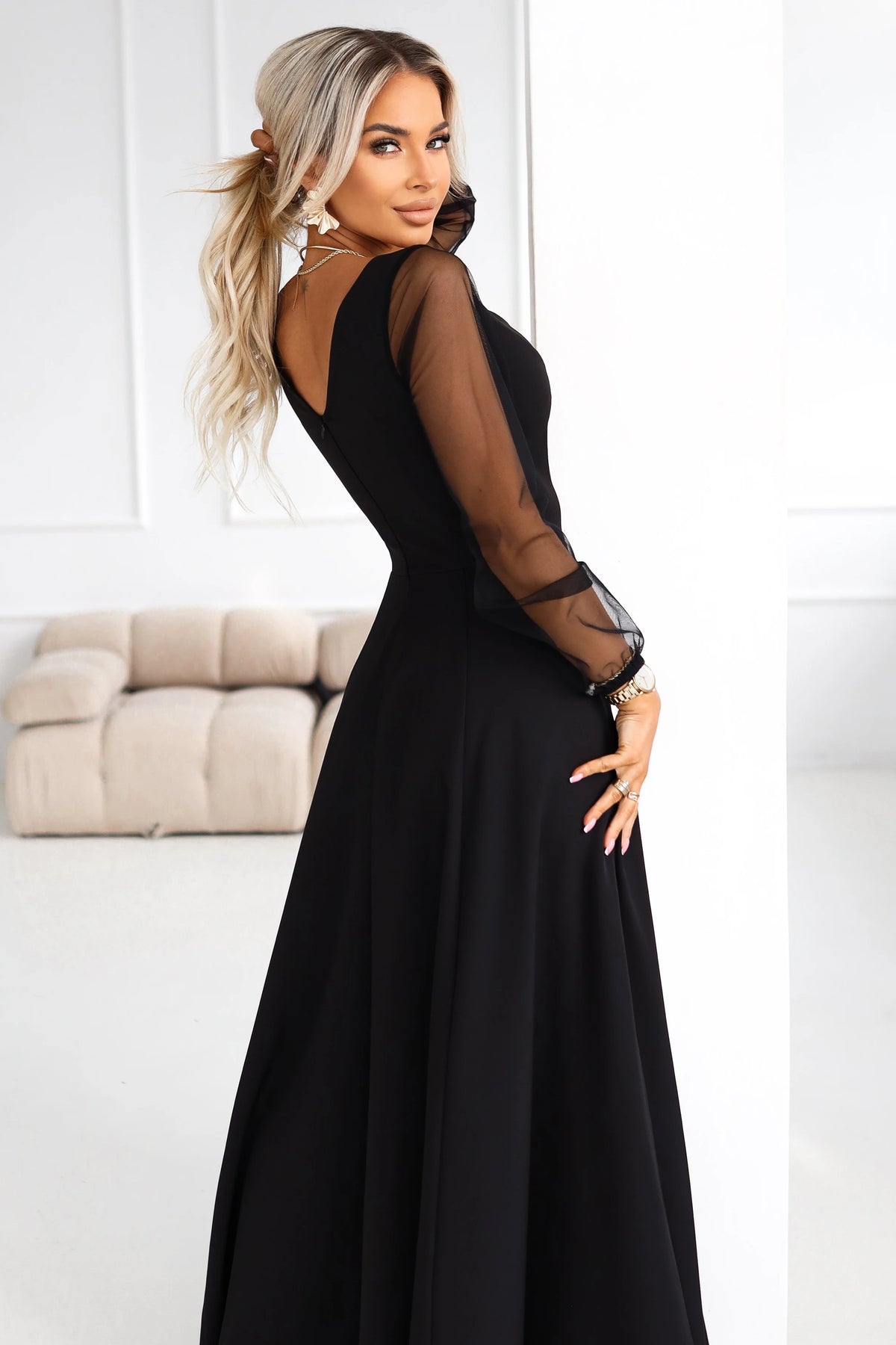 LORETTA unique long dress with tulle sleeves and neckline – Black