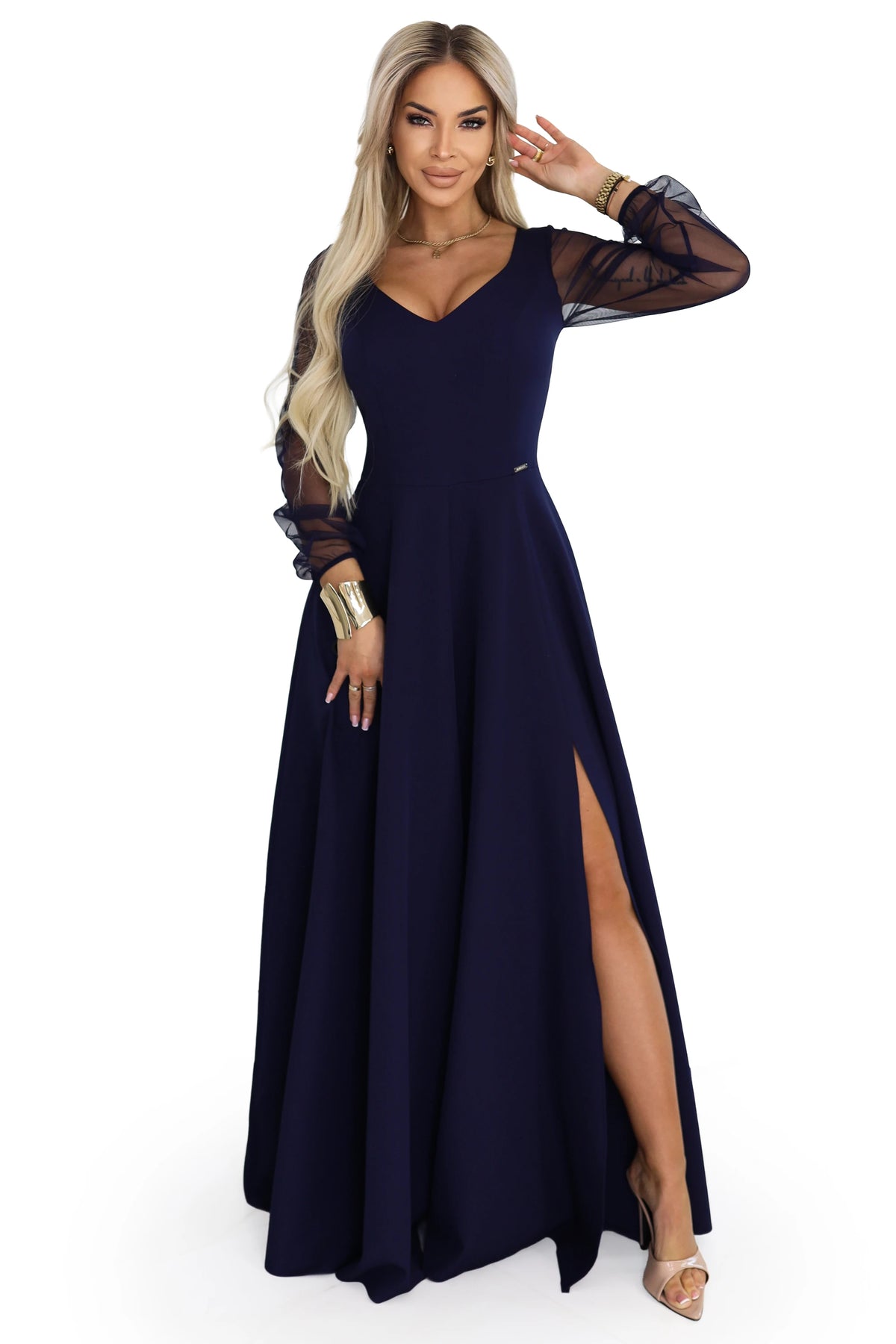 LORETTA unique long dress with tulle sleeves and neckline – Navy Blue