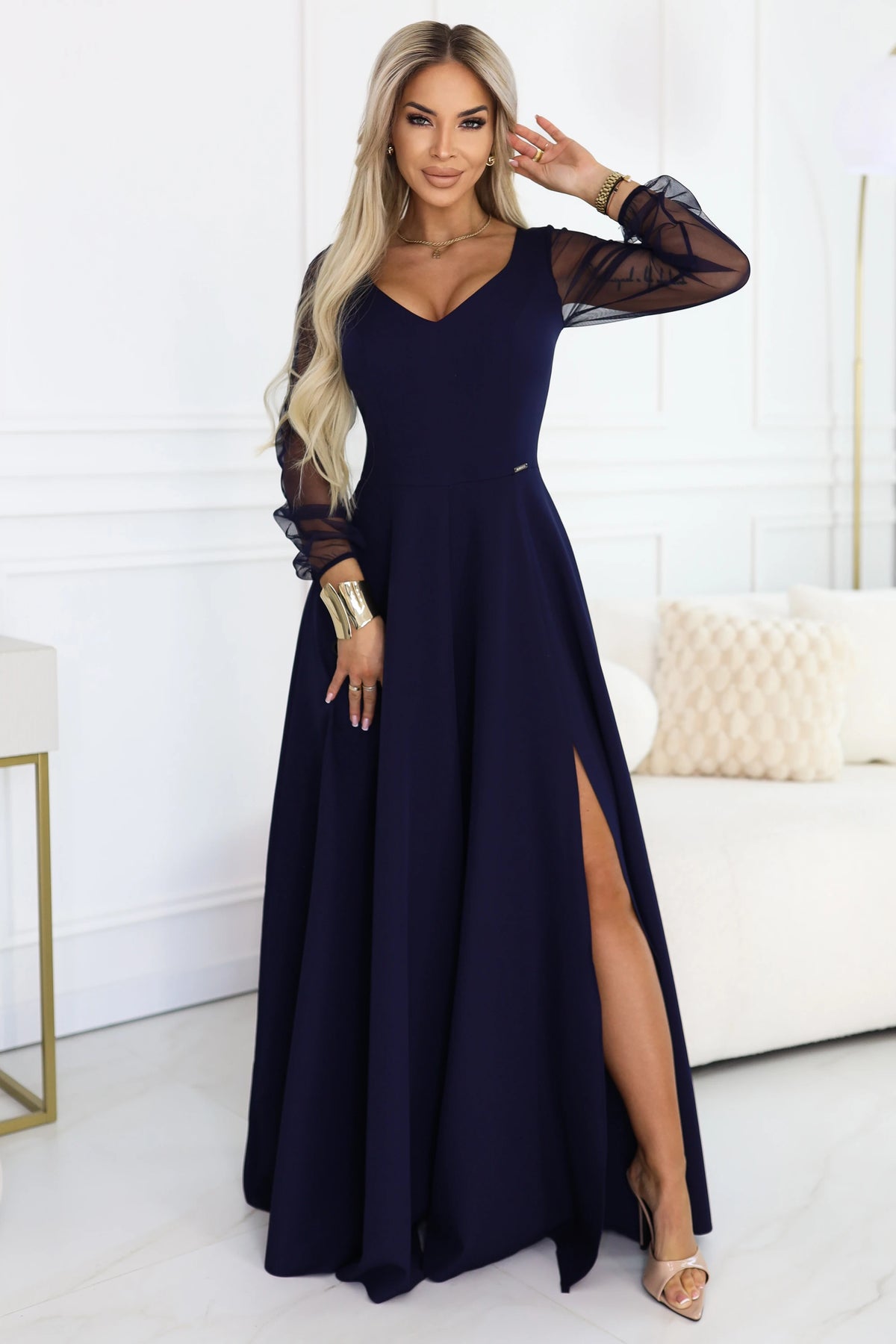 LORETTA unique long dress with tulle sleeves and neckline – Navy Blue