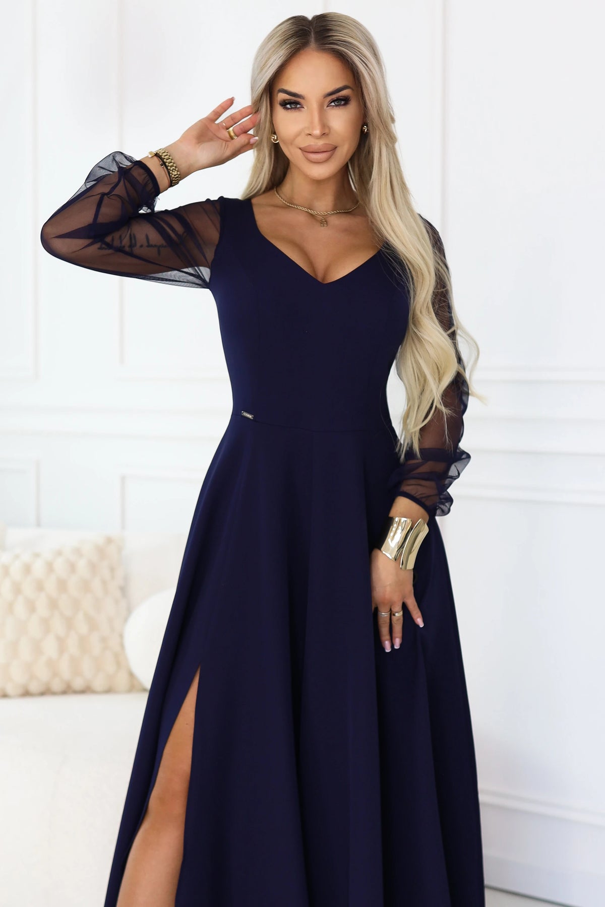 LORETTA unique long dress with tulle sleeves and neckline – Navy Blue
