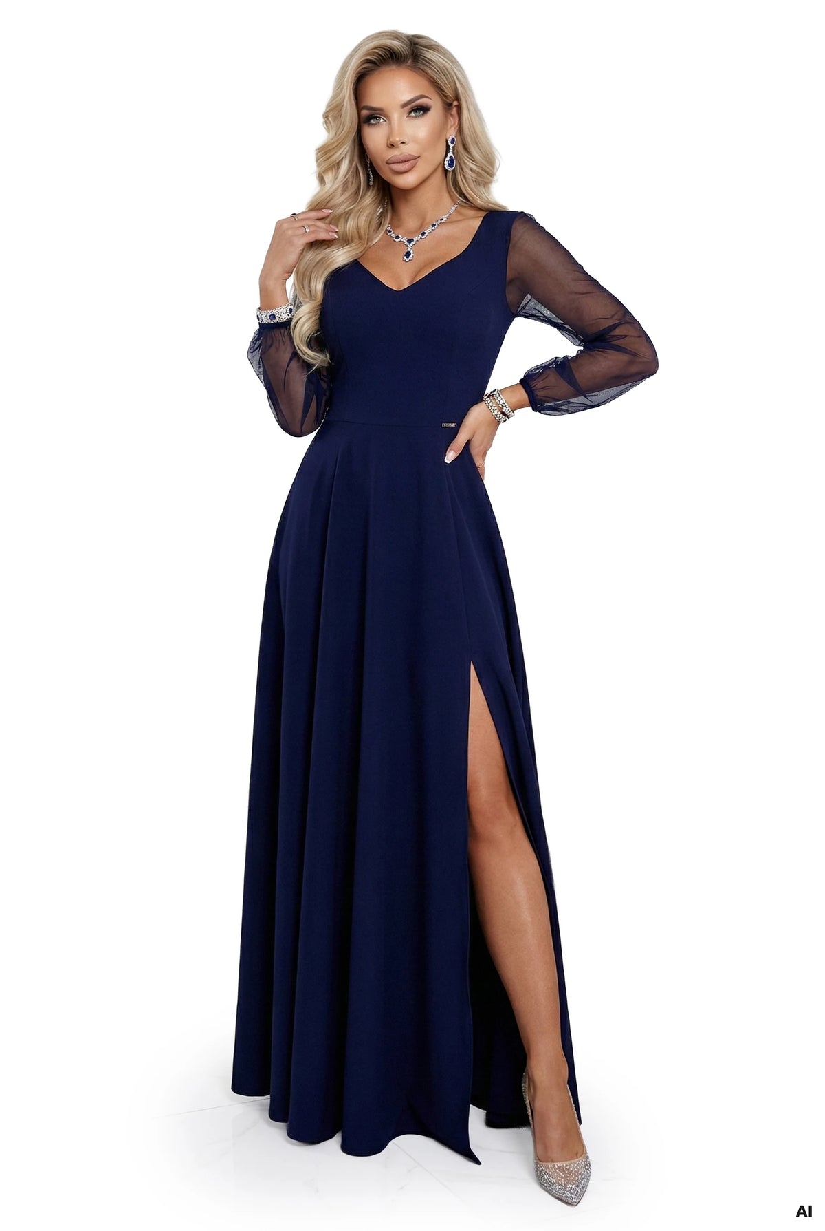 LORETTA unique long dress with tulle sleeves and neckline – Navy Blue