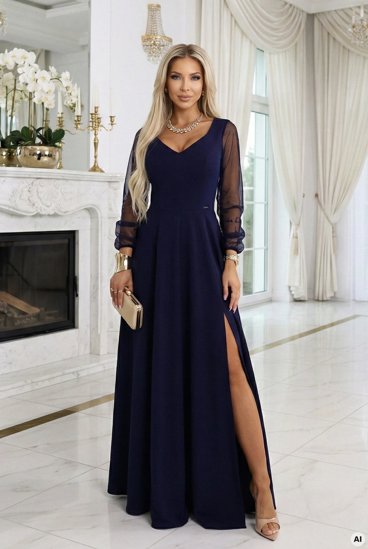 LORETTA unique long dress with tulle sleeves and neckline – Navy Blue
