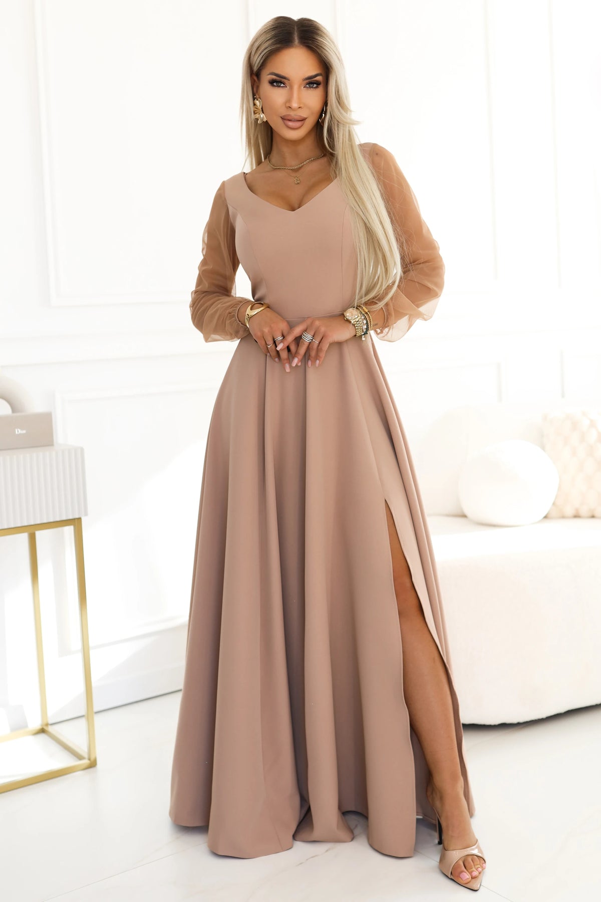 LORETTA Unique Long Dress with Tulle Sleeves and Neckline – Beige