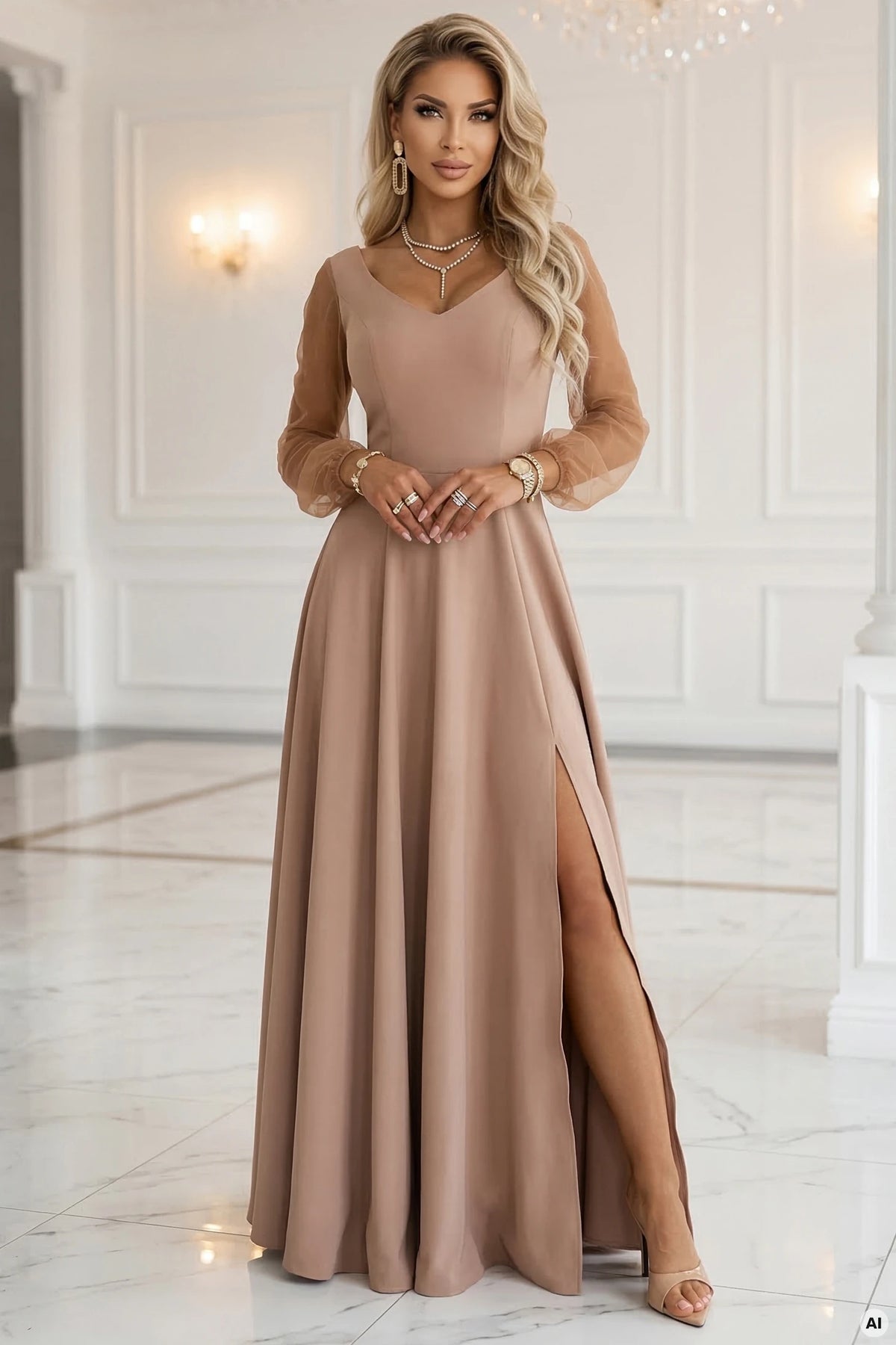 LORETTA Unique Long Dress with Tulle Sleeves and Neckline – Beige