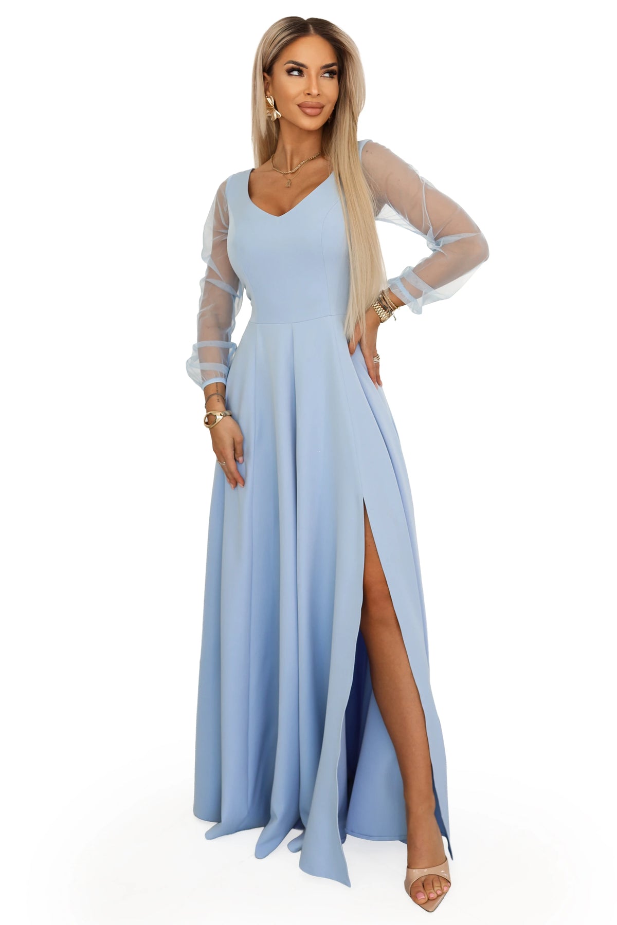 LORETTA Unique Long Dress with Tulle Sleeves and Neckline – Sky Blue