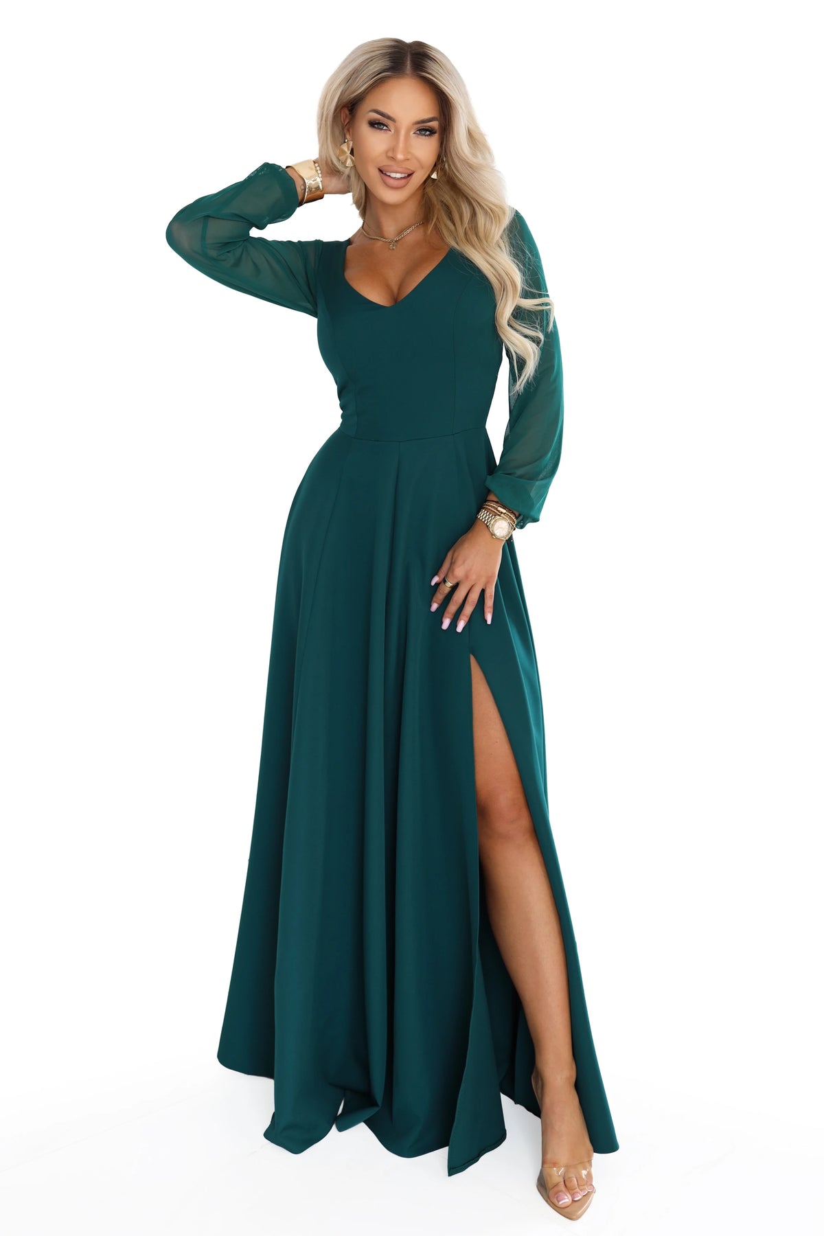 LORETTA Exceptional long dress with tulle sleeves and neckline – Green