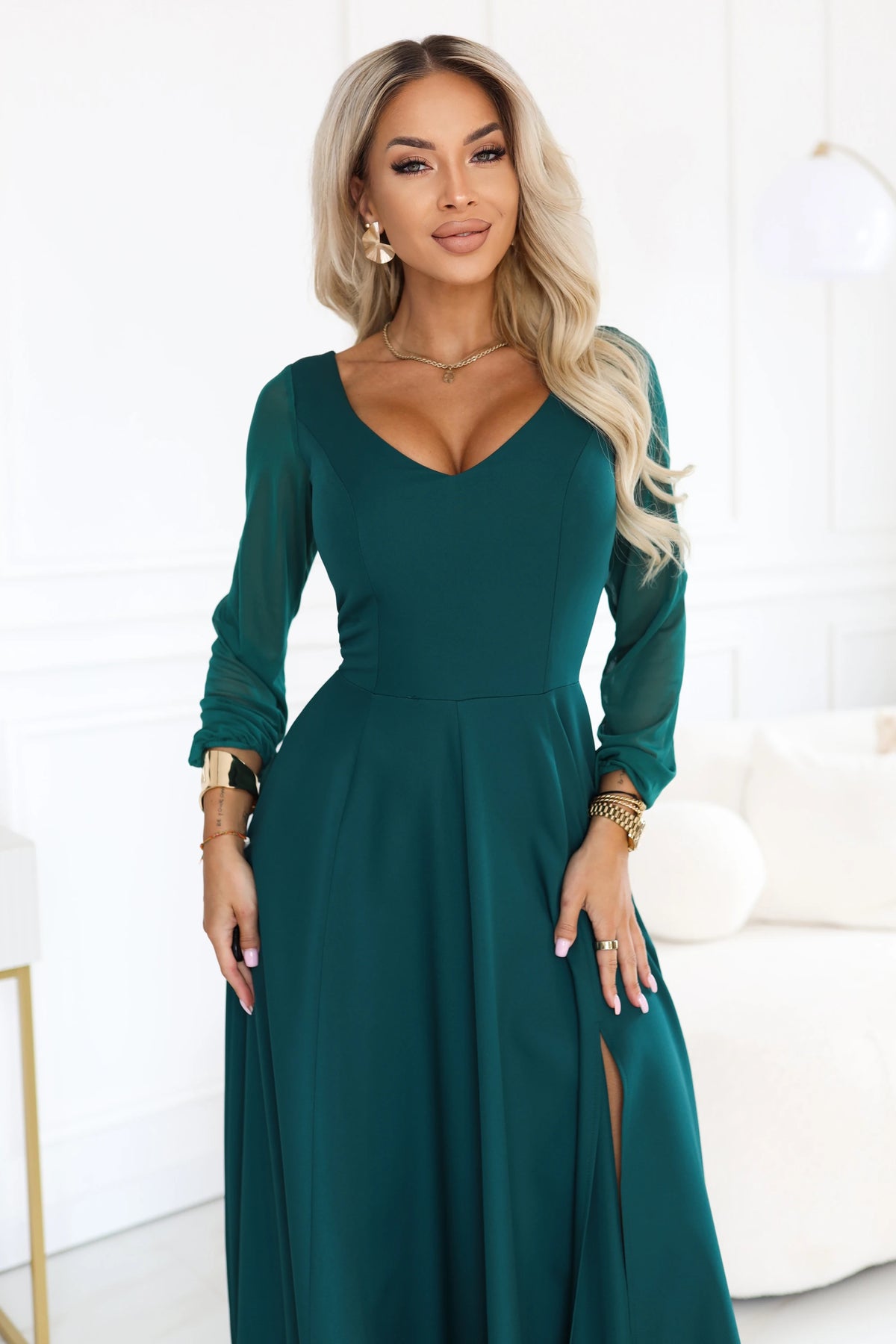 LORETTA Exceptional long dress with tulle sleeves and neckline – Green