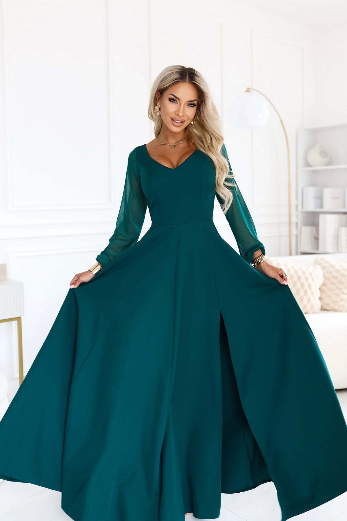 LORETTA Exceptional long dress with tulle sleeves and neckline – Green